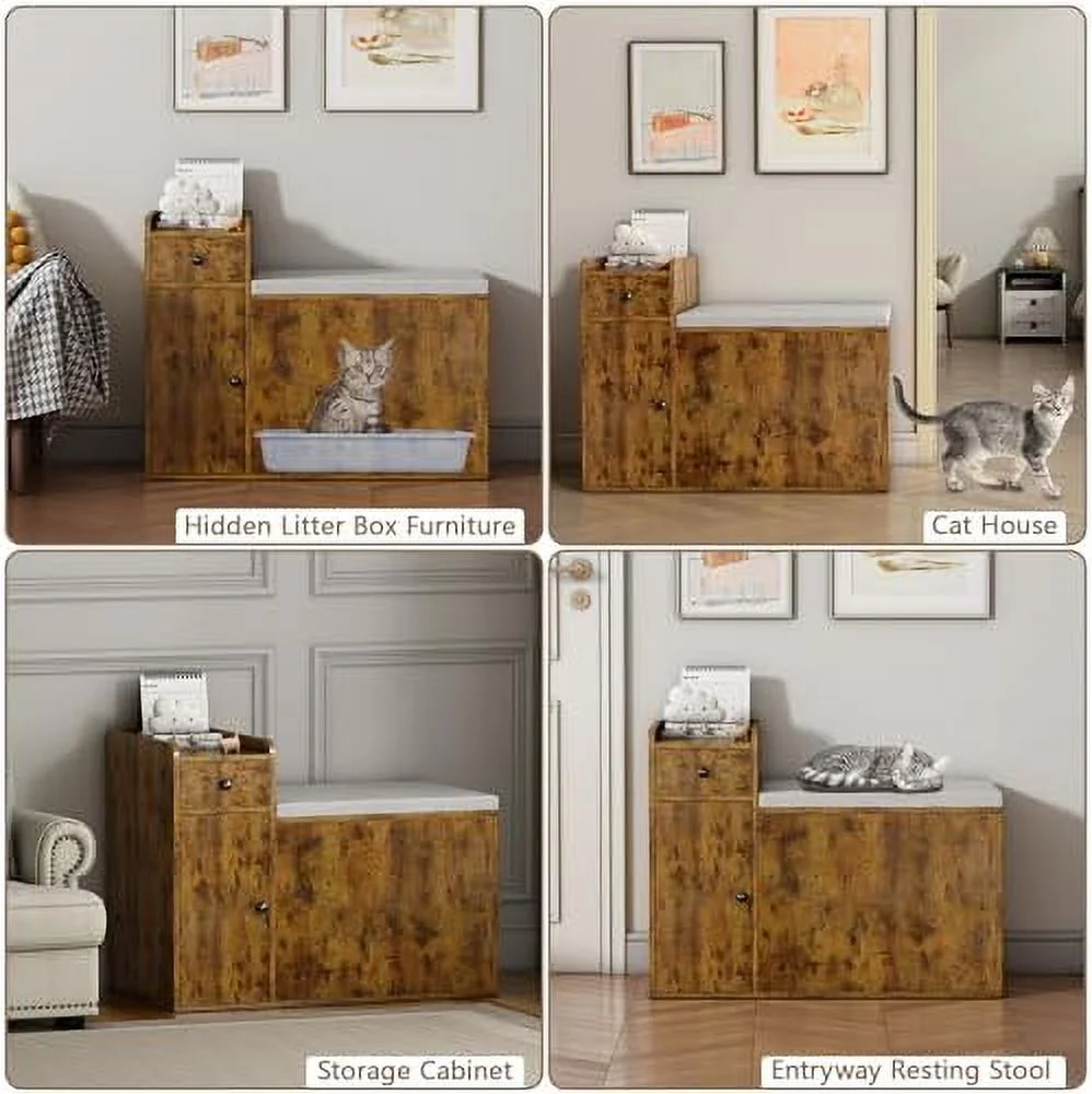 Cat Litter Box Enclosure  34” Litter Box Enclosure with Top Opening with Removable Cushion  Wooden Cat Washroom Hidden Litter Box Furniture House