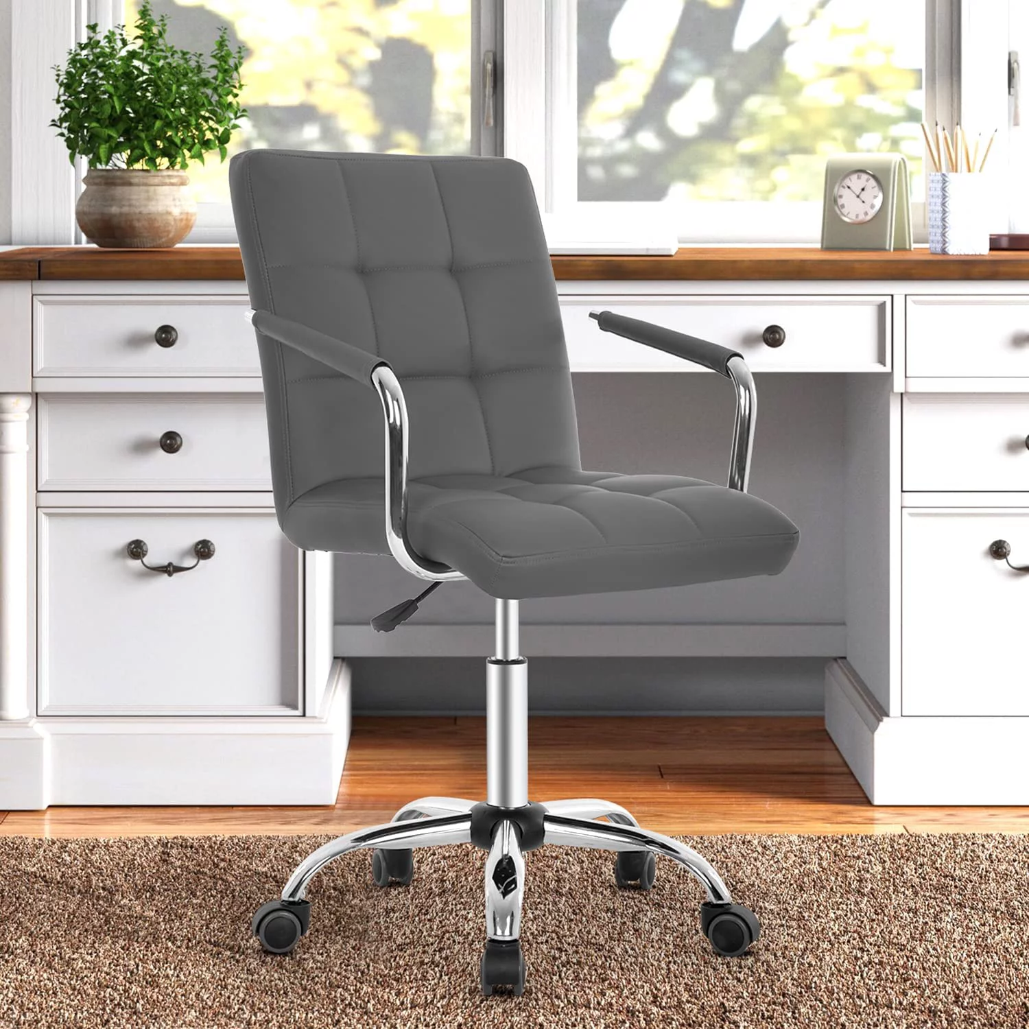 FDW Home Desk Chair PU Leather Makeup Chair with Armrest/Wheel 360°Swivel Height Adjustable,Grey