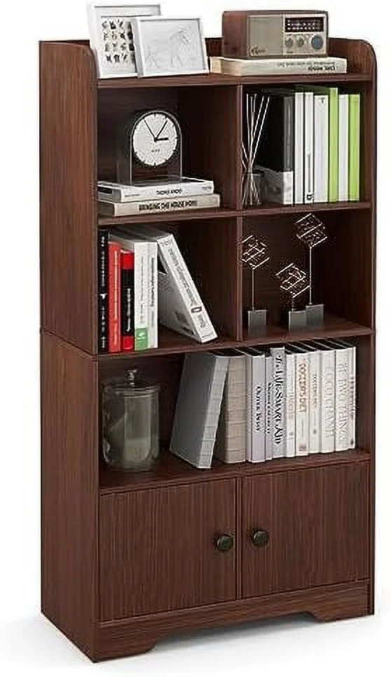 YPDCHB 4-Tier Bookcase with Doors  47.5" Tall Freestanding Wooden Bookshelf with 3 Shelves  4 Cubes  Cabinet Organizer for  Room Office Living Room Bedroom Study  Brown