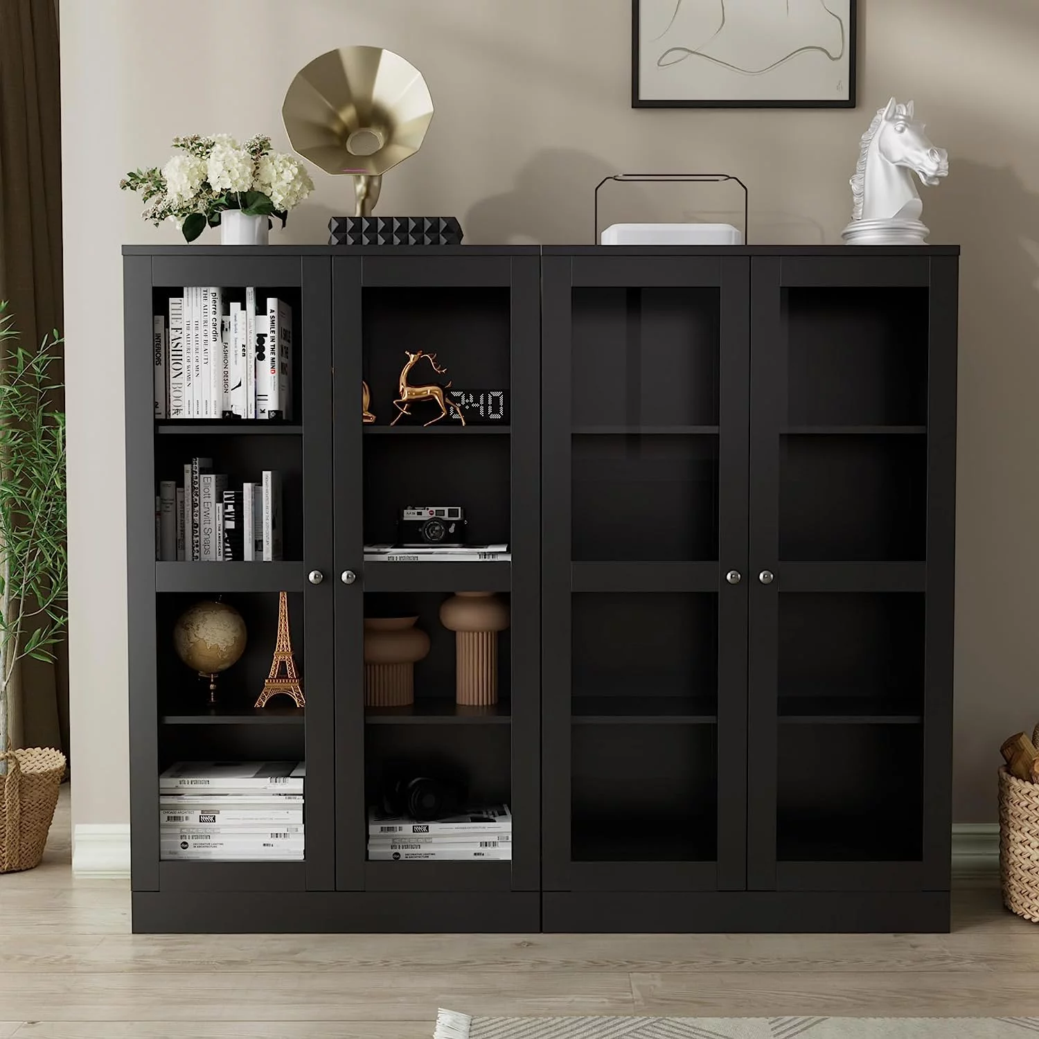 Cozy Castle Pantry Cabinet, Bookshelf with Acrylic Glass Doors and Adjustable Shelves, Display Cabinet for Bedroom, Living Room, Black, 52.7