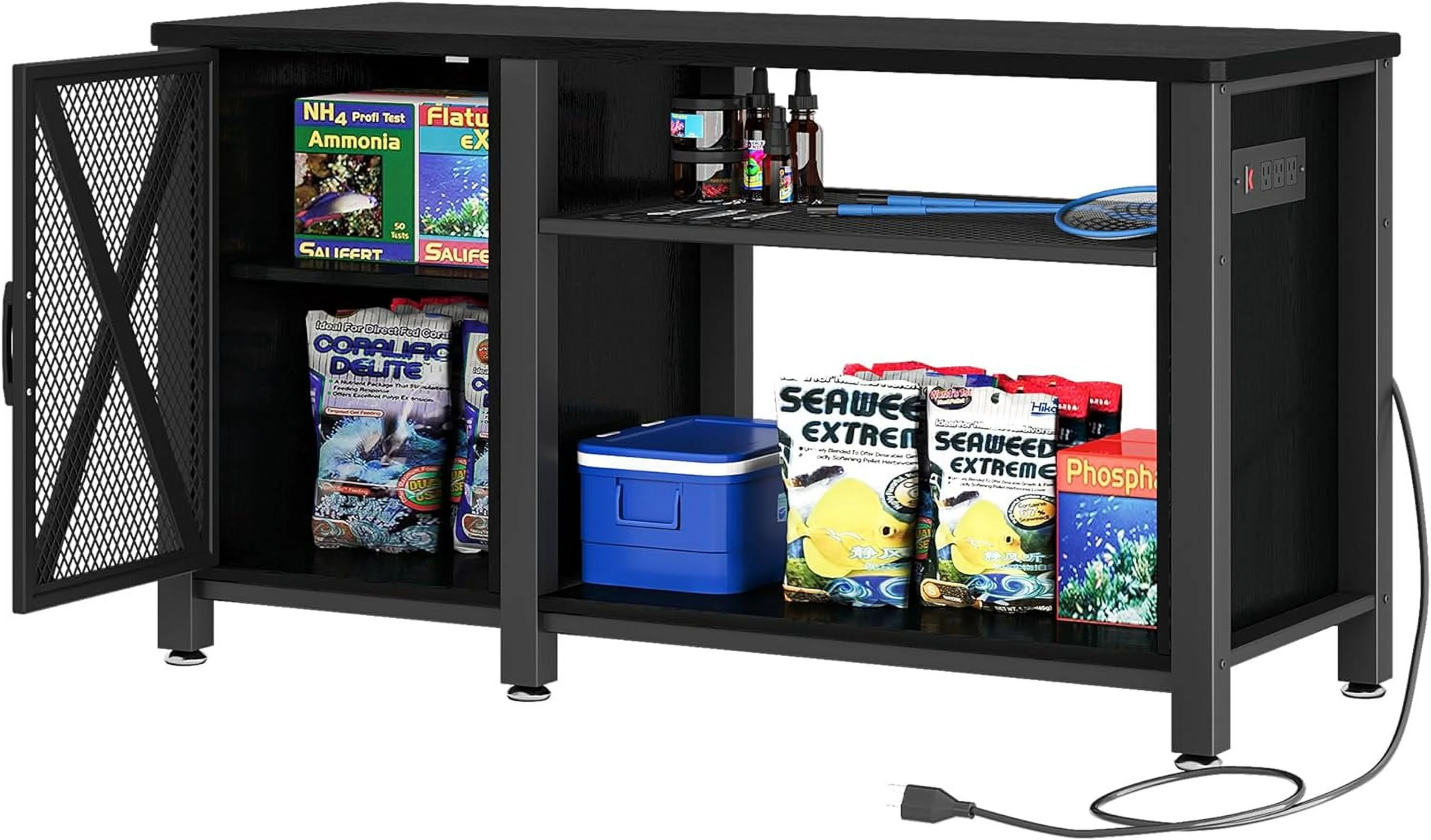 Gallon Aquarium Stand With Power Outlets, Cabinet For Fish Accessories Storage - Heavy Duty Metal Fish Stand Suitable For Turtle , Reptile Terrarium, 860LBS Capacity, Black