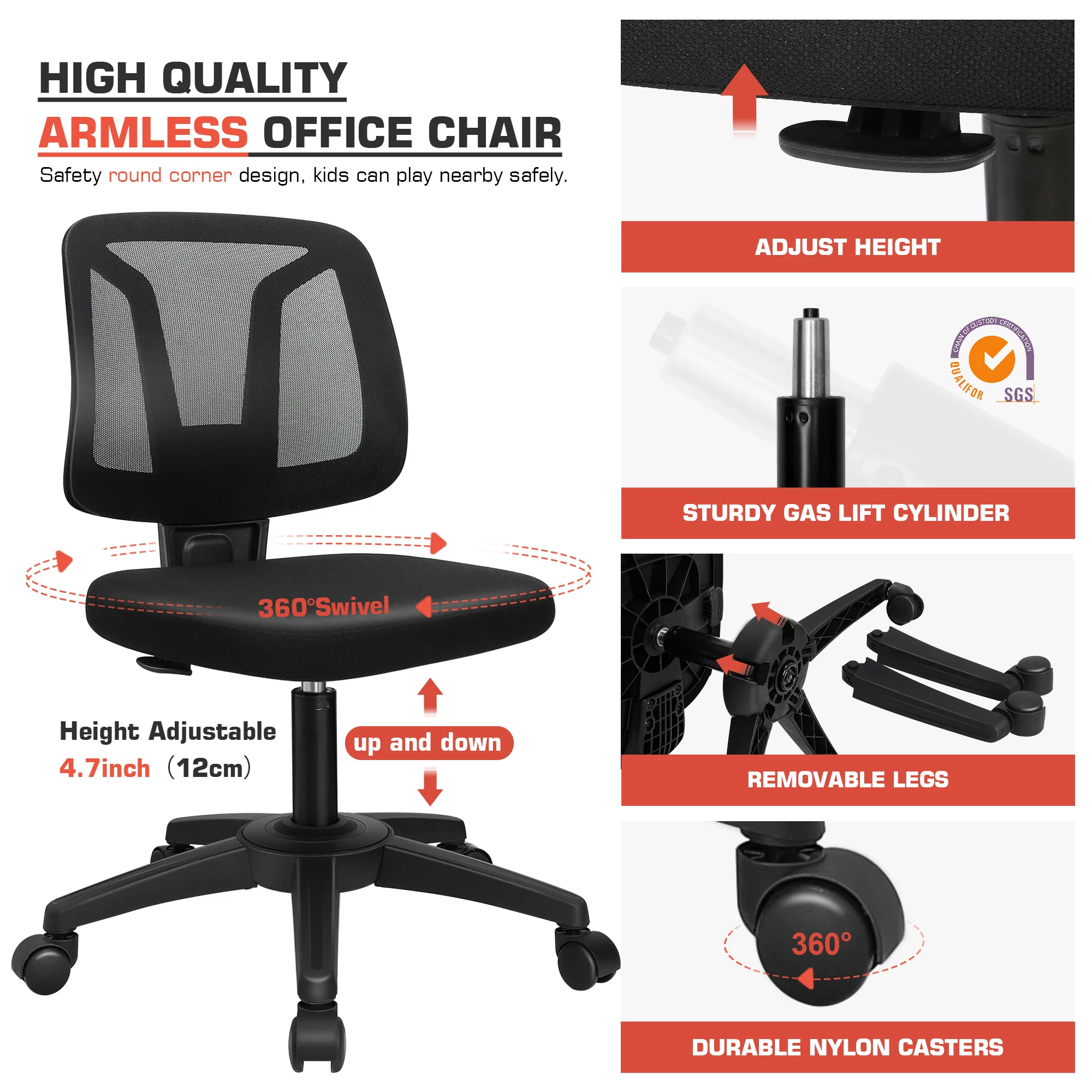 Armless Office Chair, Ergonomic Swivel Computer Desk Chair with Lumbar Support, Black