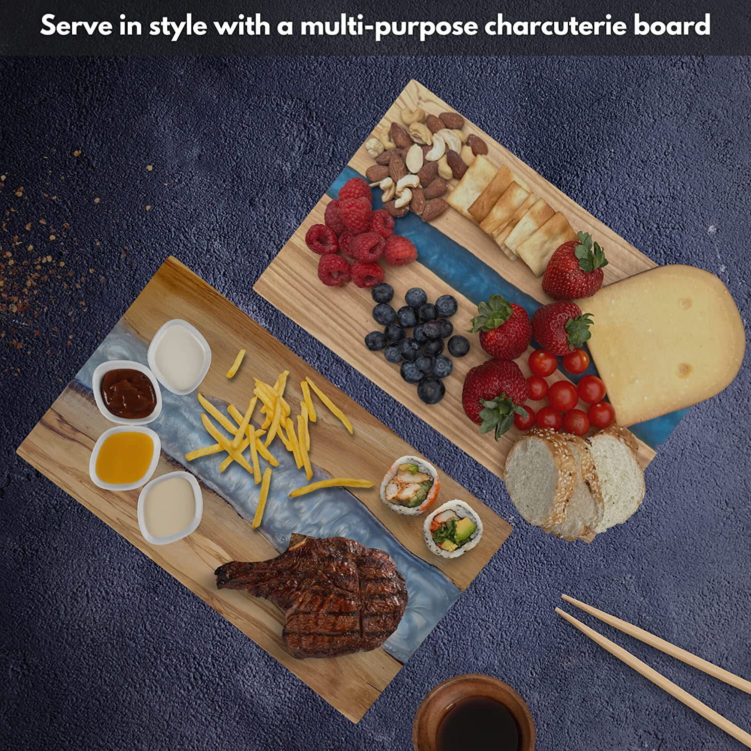 The Live Edge Olive Wood Gray Resin Large Charcuterie Board 16