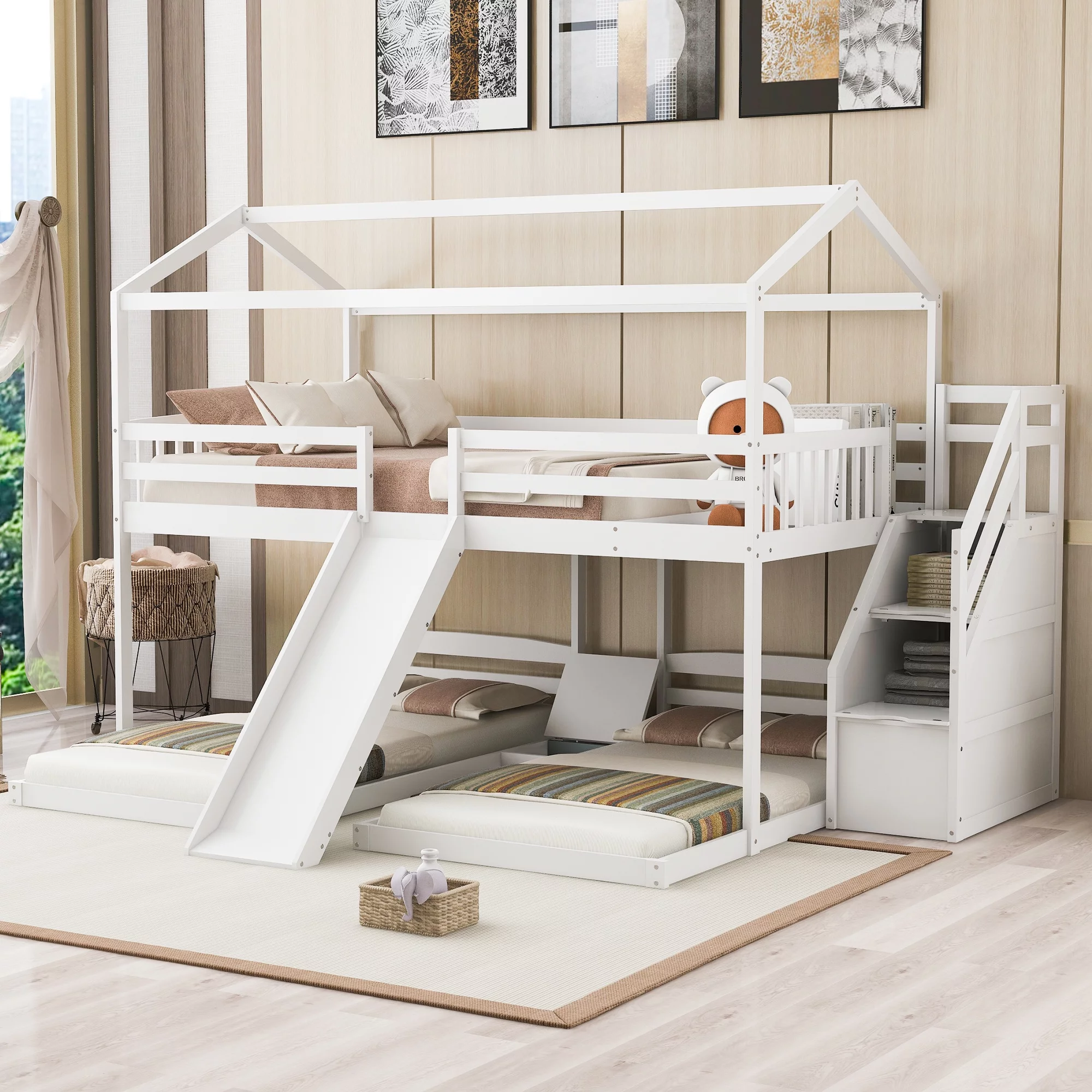 EUROCO Full over Twin & Twin Bunk Bed with Slide and Shelf for Kids Bedroom, White