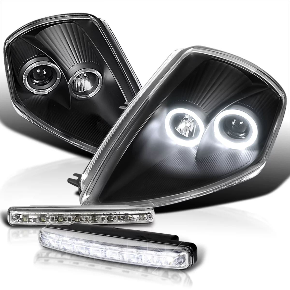 Spec-D Tuning Black Dual Halo Projector Headlights + 8-LED Fog Lamps Compatible with 2000-2005 Mitsubishi Eclipse Left + Right Pair Headlamps Assembly