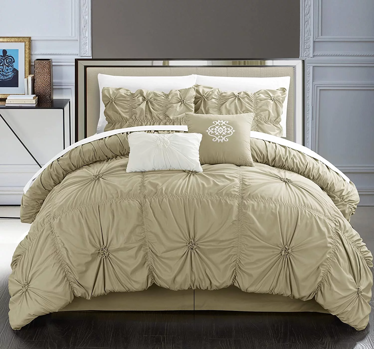 YANPO Halpert 6 Piece Comforter Set Floral Pinch Pleated Ruffled Designer Embellished Bed Skirt and Decorative Pillows Shams Included, King, Taupe