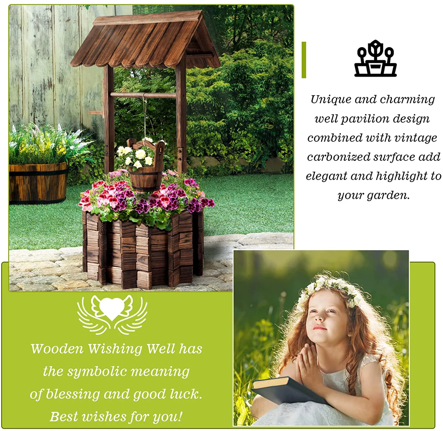 Wooden Wishing Well Planter with Hanging Bucket for Flower and Plants, Planter Indoor and Outdoor, Home Decor for Patio Garden, Brown