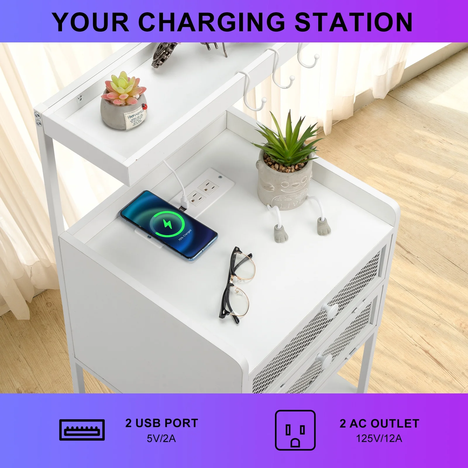 White Wood Steel Nightstand with 2 Drawers, LED Light Strips, Charging Station, and USB Ports. Perfect for Bedside Use.