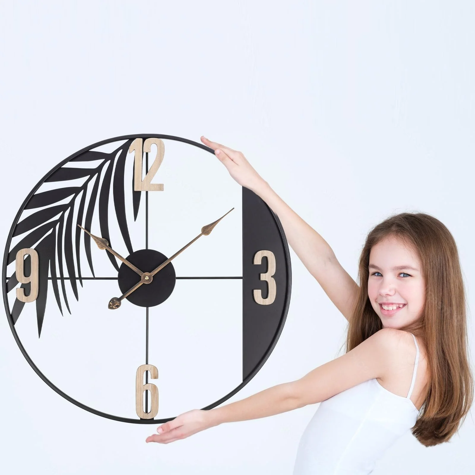 Large Leaf Metal Wall Clock for Living Room Decor, 24 Inch Silent Non-Ticking Battery Operated Wall Clock with Wooden Arabic Numerals, Black Boho Round Wall Clock for Bedroom Kitchen Outdoor Patio