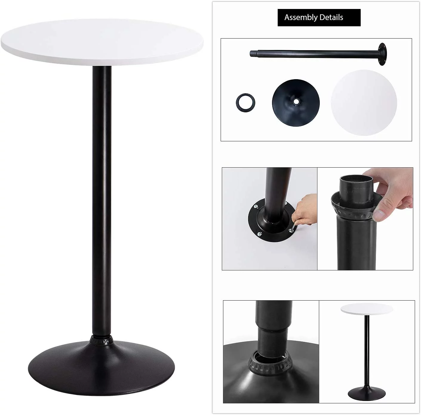 Bistro Pub Table Round Bar Height Cocktail Table Metal Base MDF Top Obsidian Table with Black Leg 23.8-Inch Top, 39.5-Inch Height (White)