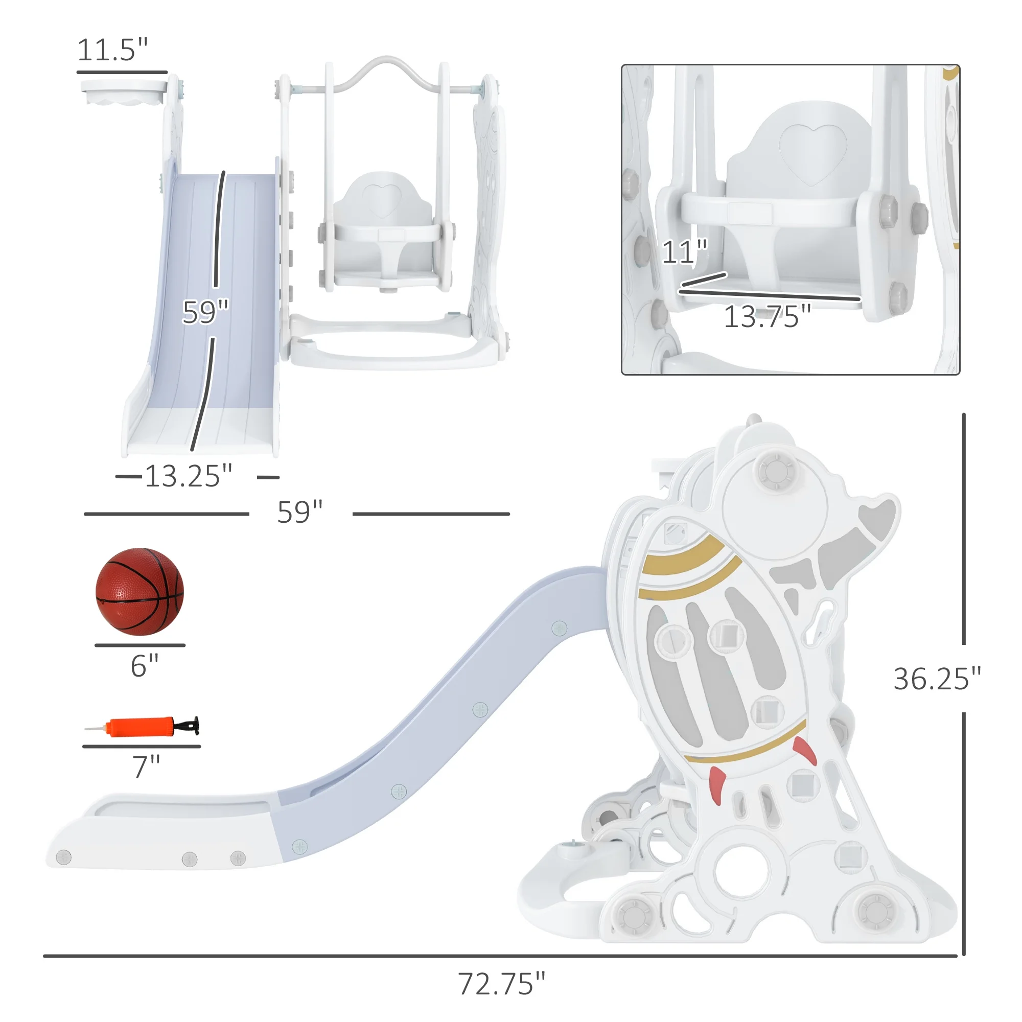 Qaba Toddler Swing and Slide Set with Basketball Hoop, Space Theme, Gray