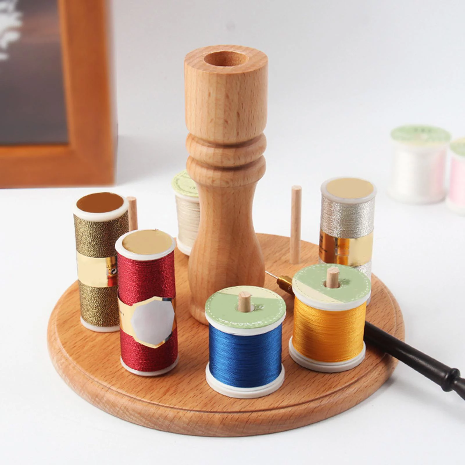 Wood 8 Spool Yarn Holder Crochet Tool Thread Rack Knitting Holder