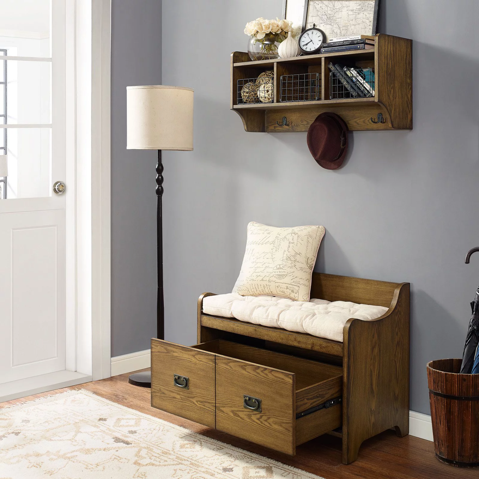 Crosley KF60003WH 2 Piece Fremont Entryway Kit - Bench, Shelf, Distressed White