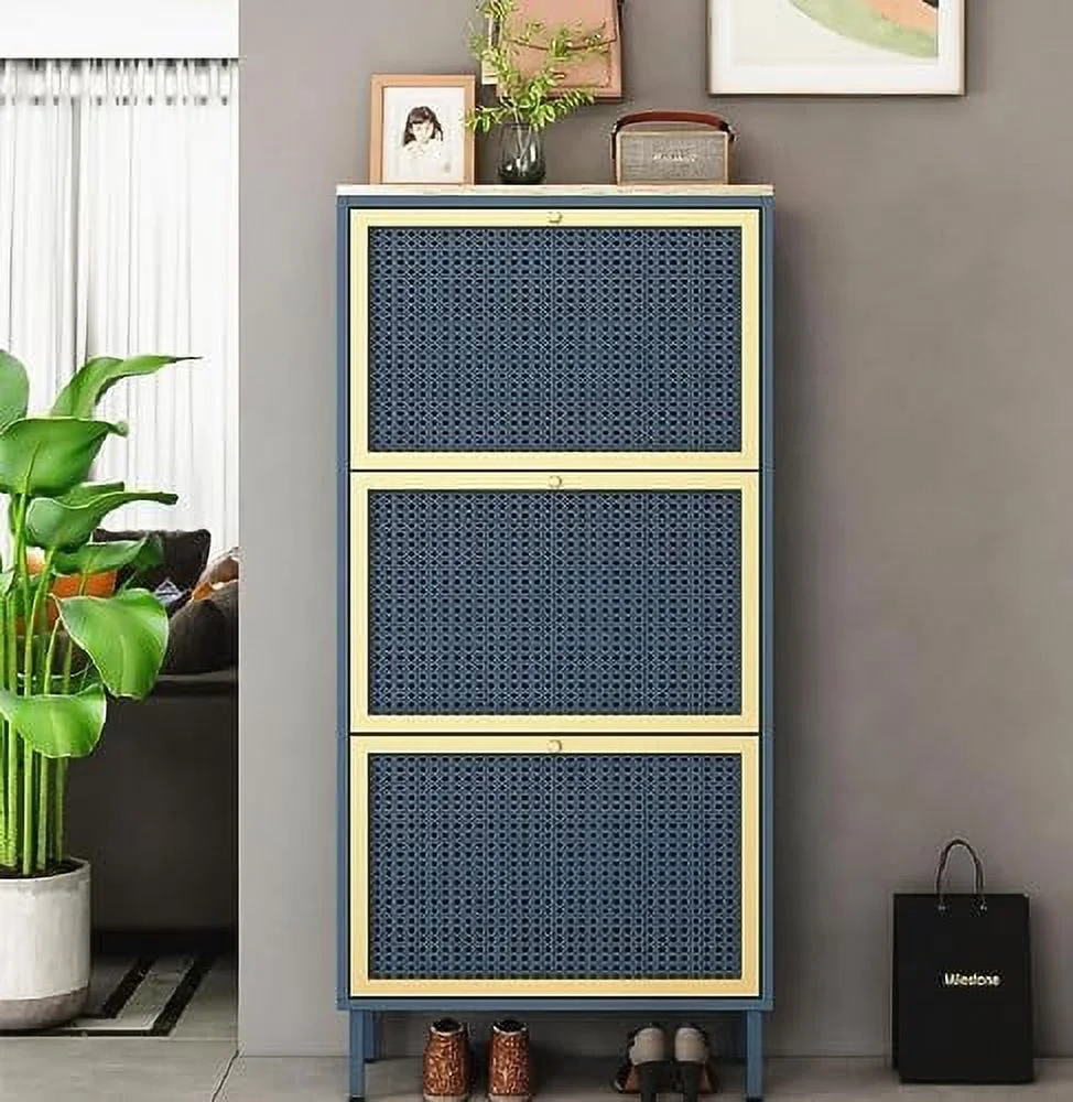 NTTBOBOEC Metal Shoe Cabinet with 3 Flip Drawers  Slim Shoe  Cabinet for Entryway  Narrow 3-Tier Shoe Rack Cabinet  Freestanding Hidden Shoe Organizer Cabinet for Hallway  Living Room (Bl