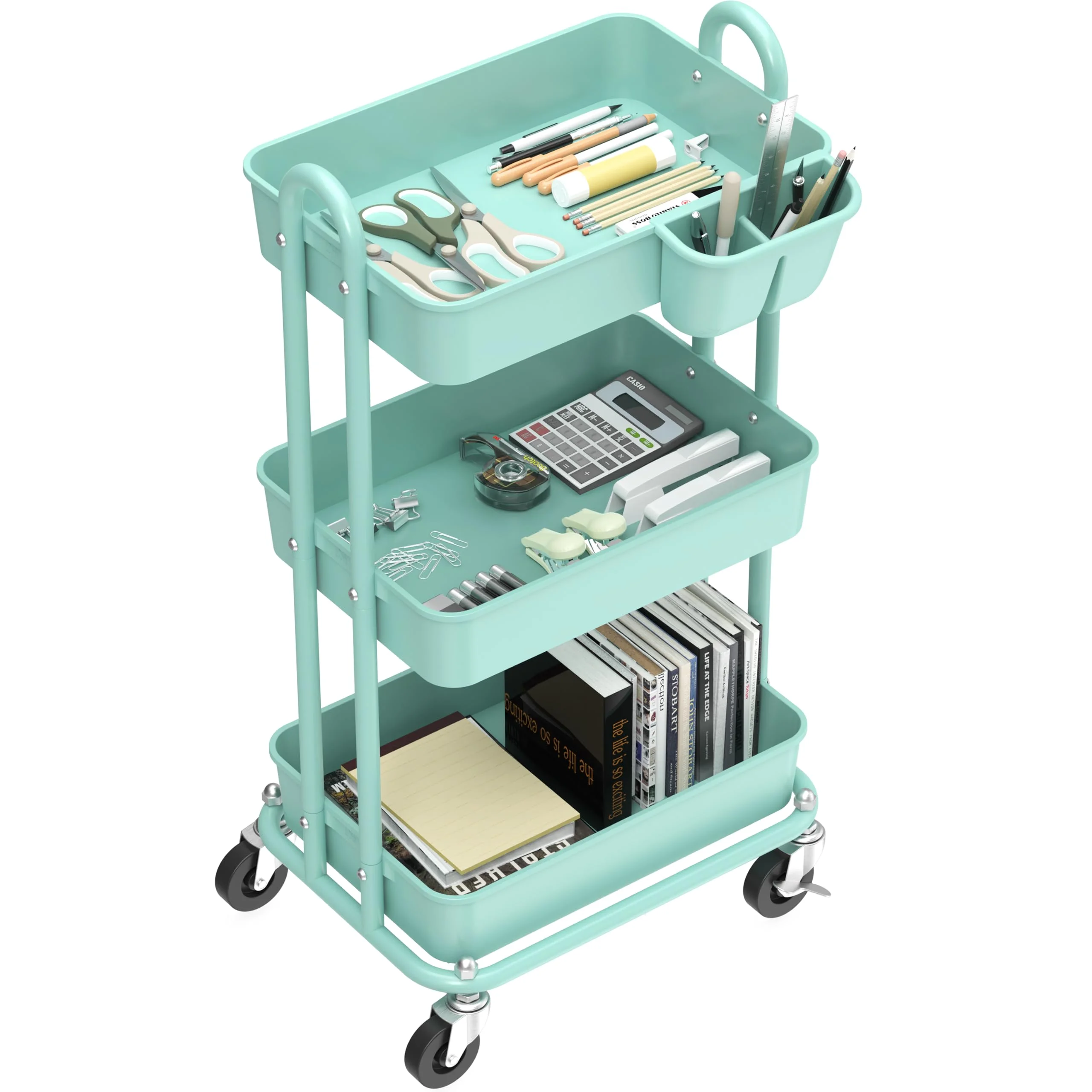 Simple Houseware 3-Tier Multifunctional Rolling Utility Cart with Hanging Bucket, Turquoise