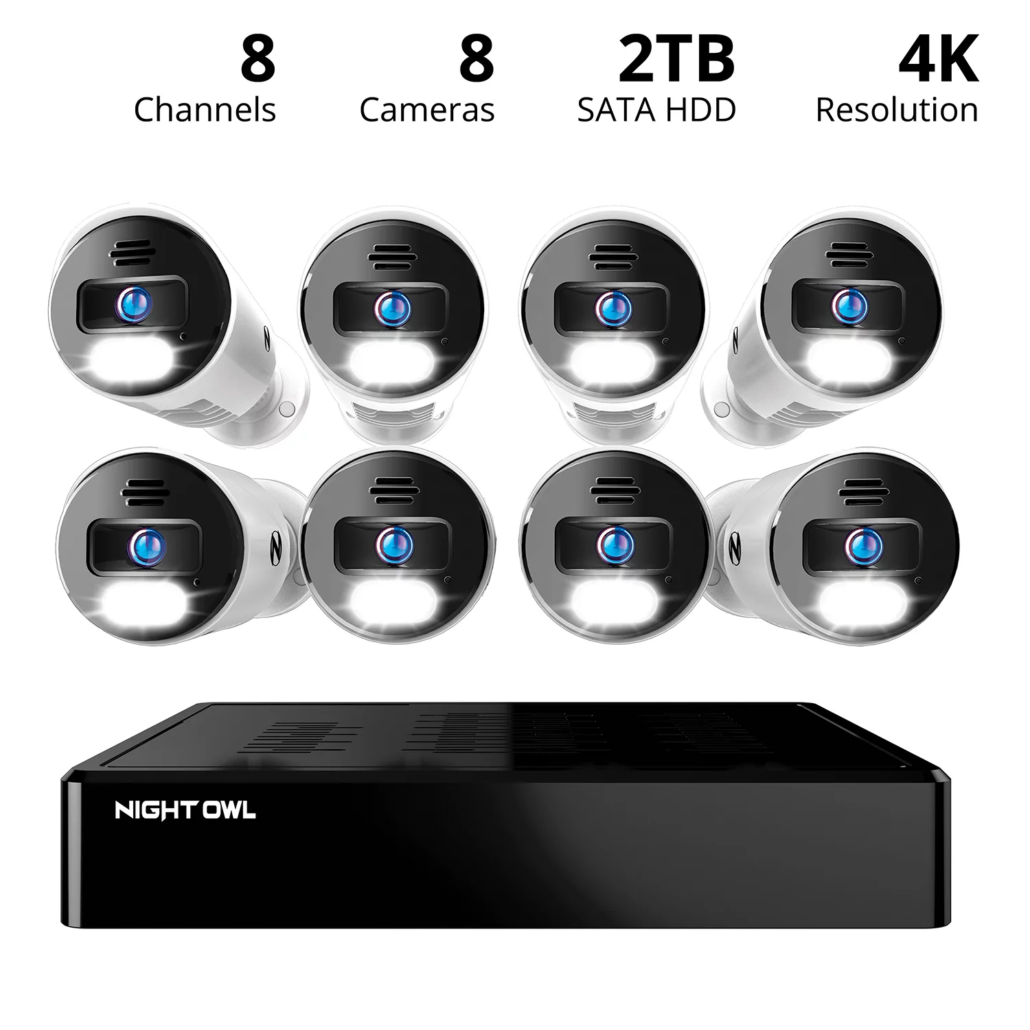 Night Owl 8 Channel 4K Bluetooth NVR with 2TB Hard Drive and 8 Wired IP 4K Spotlight Cameras with 2-Way Audio and Audio Alerts and Sirens