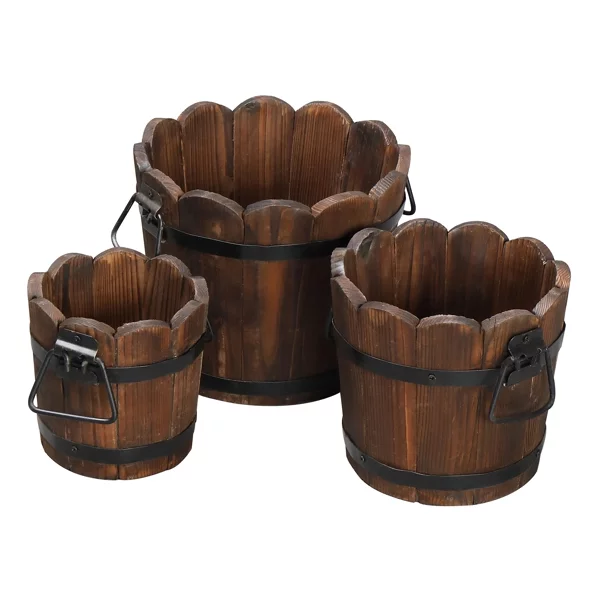 3 Pcs Rustic Wooden Barrels Planters Whiskey Barrels Bucket with Handle Flower Planter Plant Pots Boxes Container Water Wishing Well Pail Garden Backyard Primitive Planter Outdoor Indoor Home Decor