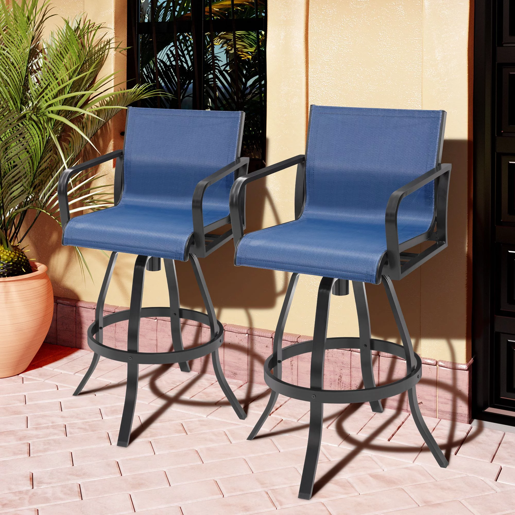 Pellebant Set of 2 Outdoor Swivel Bar Stools Patio Aluminum Bar Chairs in Navy Blue
