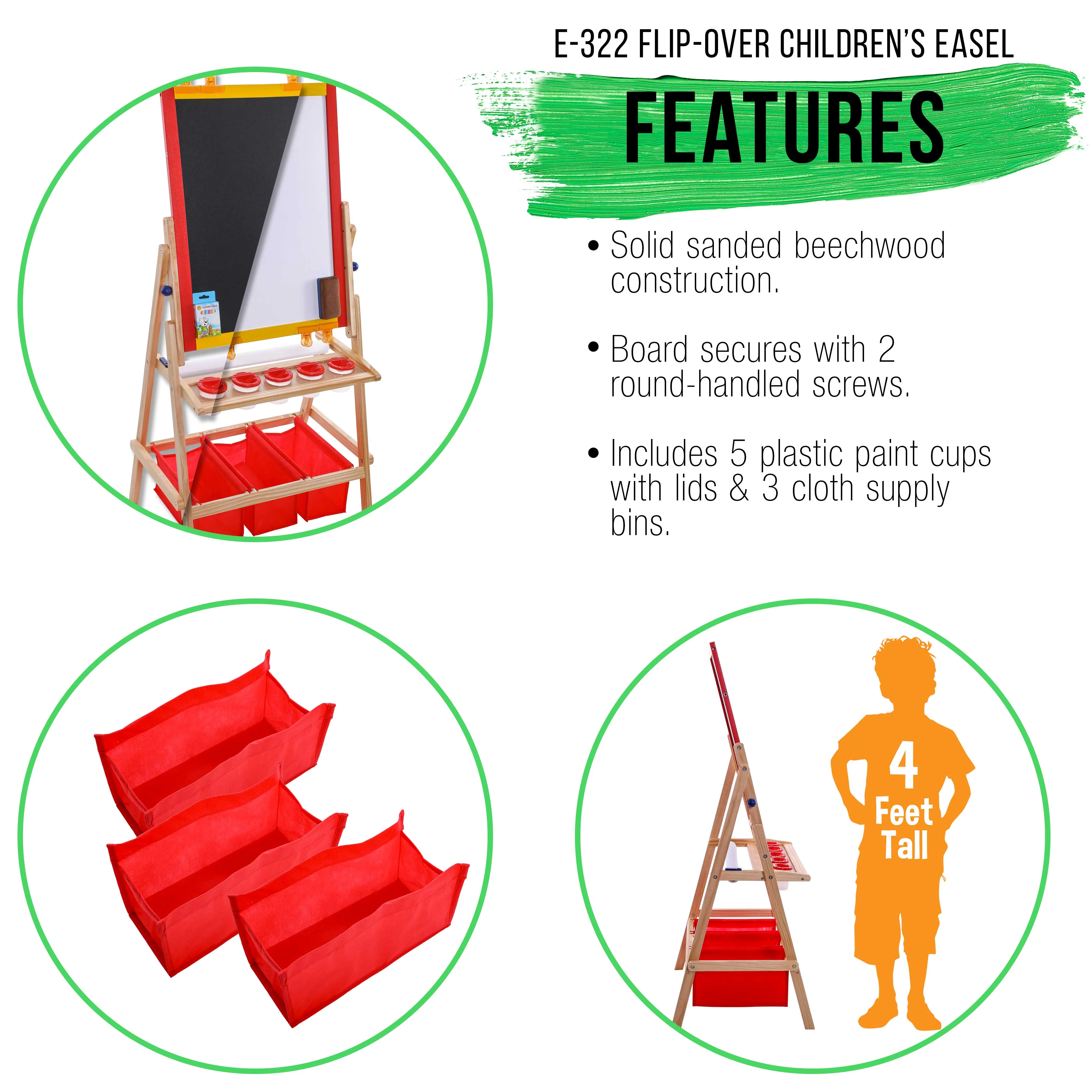 US Art Supply Children's Paint & Drawing Kids Art Easel Flip-Over Chalk & Dry Erase Board Bins