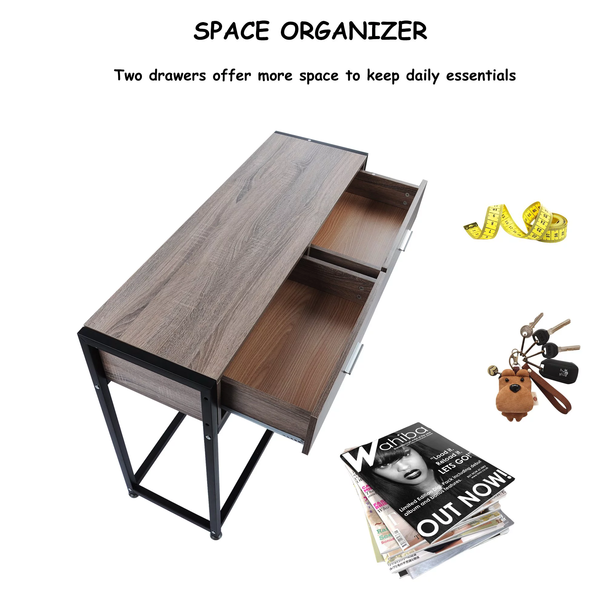Karmasfar Product Entryway Console Table Hallway with 2 Drawers Wooden Metal Narrow Sofa Table with Two Storage Compartments, Brown