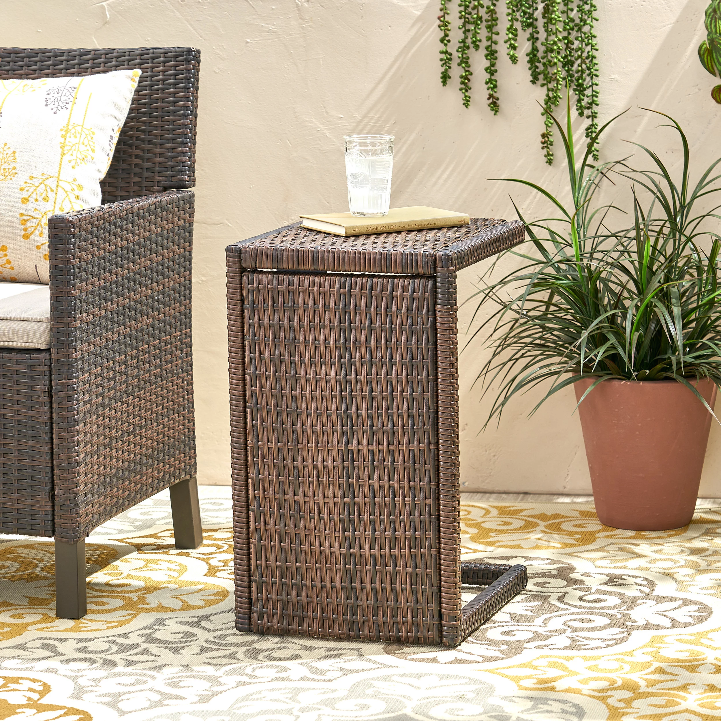 Noble House Cinshaped Outdoor Wicker C Shaped Side Table