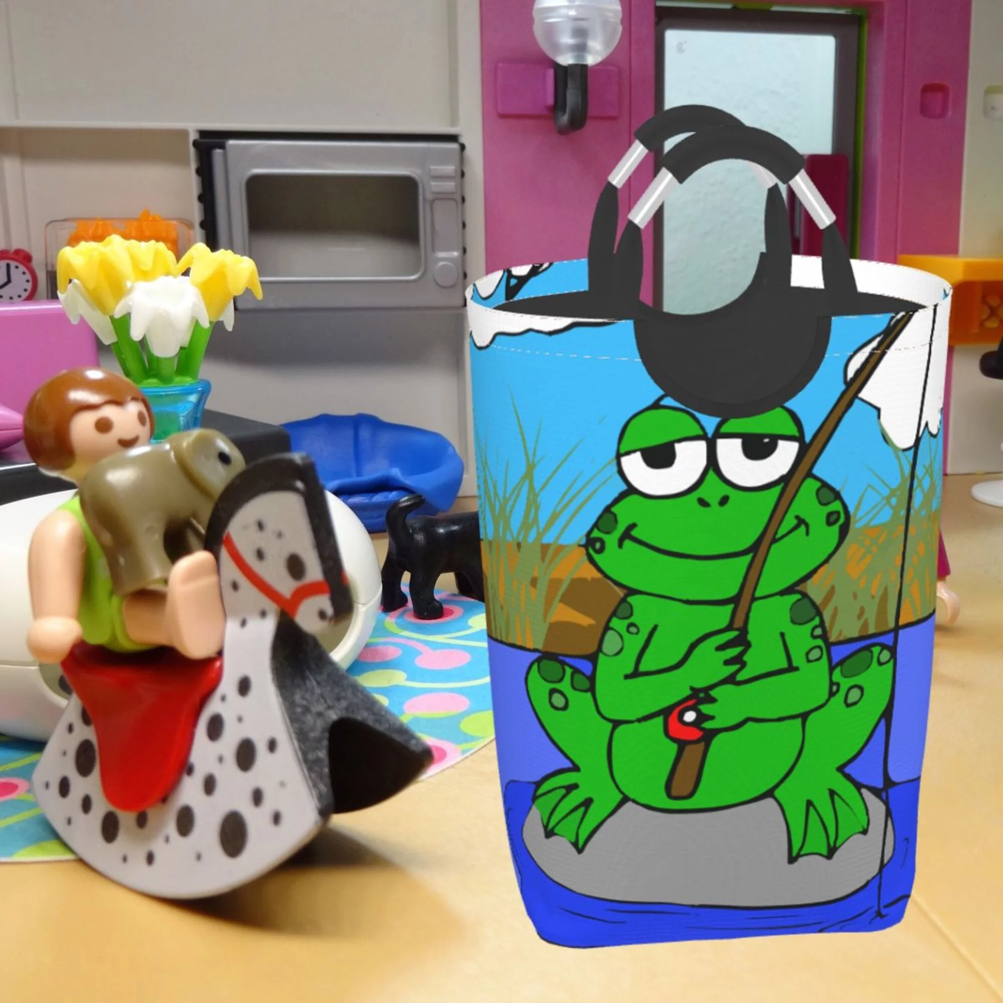 TEQUAN 50L Large Rectangular Laundry Hamper with Aluminum Handles, Cartoon Fishing Frog Prints Waterproof Foldable Dirty Clothes Basket