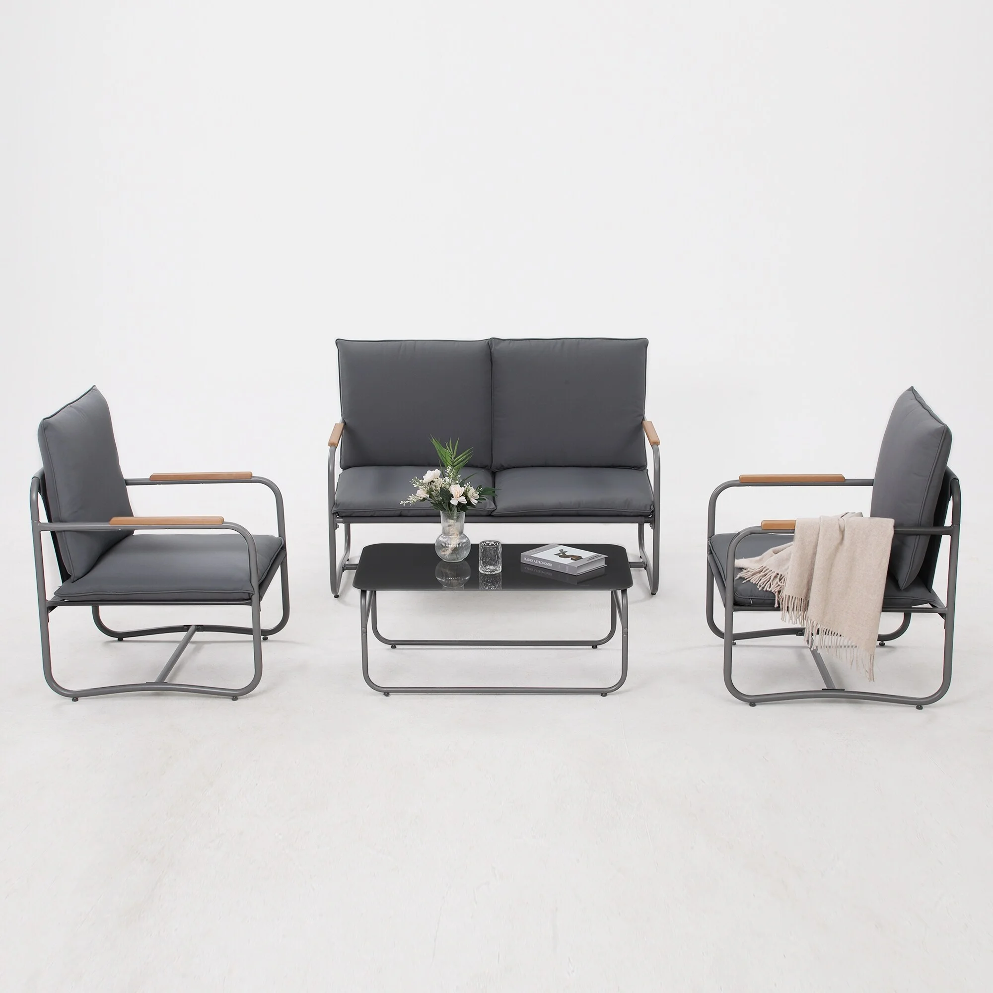 Soluwa LLC Royalcraft  Outdoor 4 Pcs Metal Conversation Set with Cushions - 4-Piece Set Dark Grey