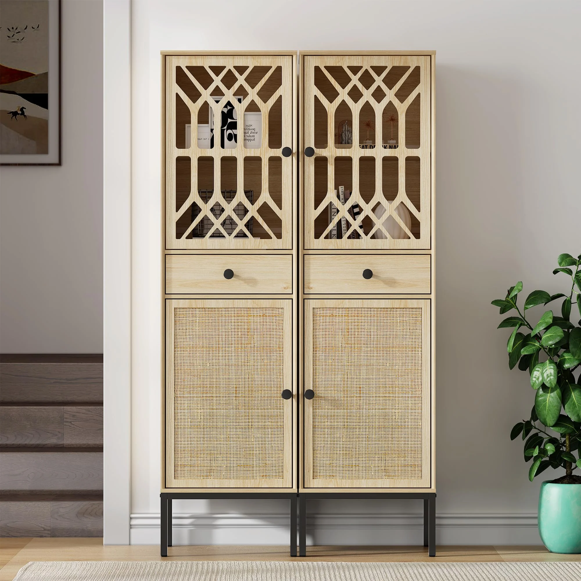 Yechen 2-Piece Tall Cabinet Narrow Linen Arched Cabinet Storage Cabinet Natural Rattan Doors Fretwork Pattern Doors for Living Room Entryway Kitchen Home Office