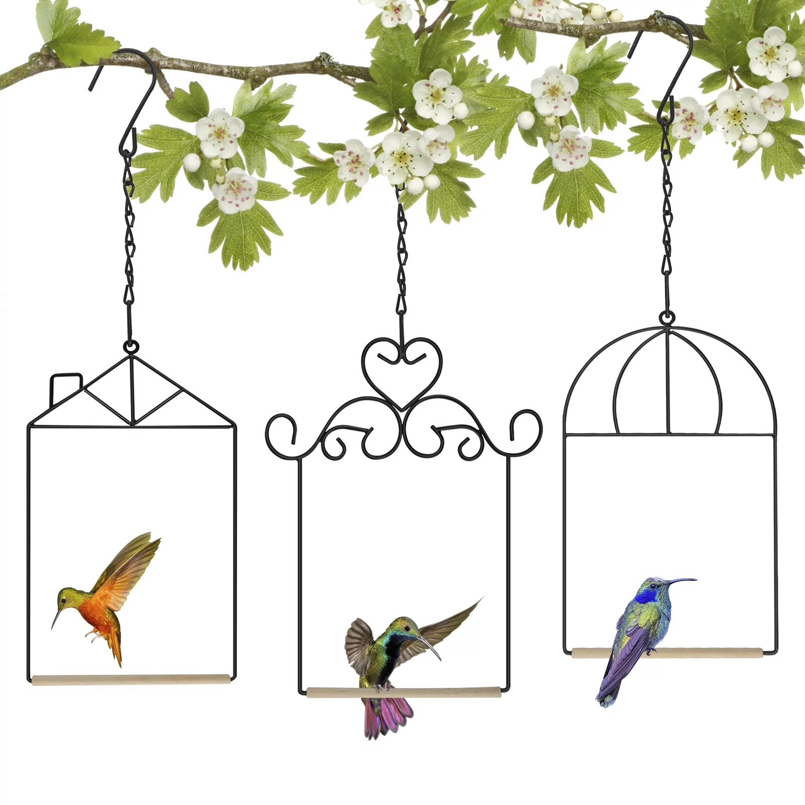 Urban Deco 3 Pack Hummingbird Swing Hummingbird Perch Bird  Metal Frame with Wooden Dowel Outdoor Bird(Silver)