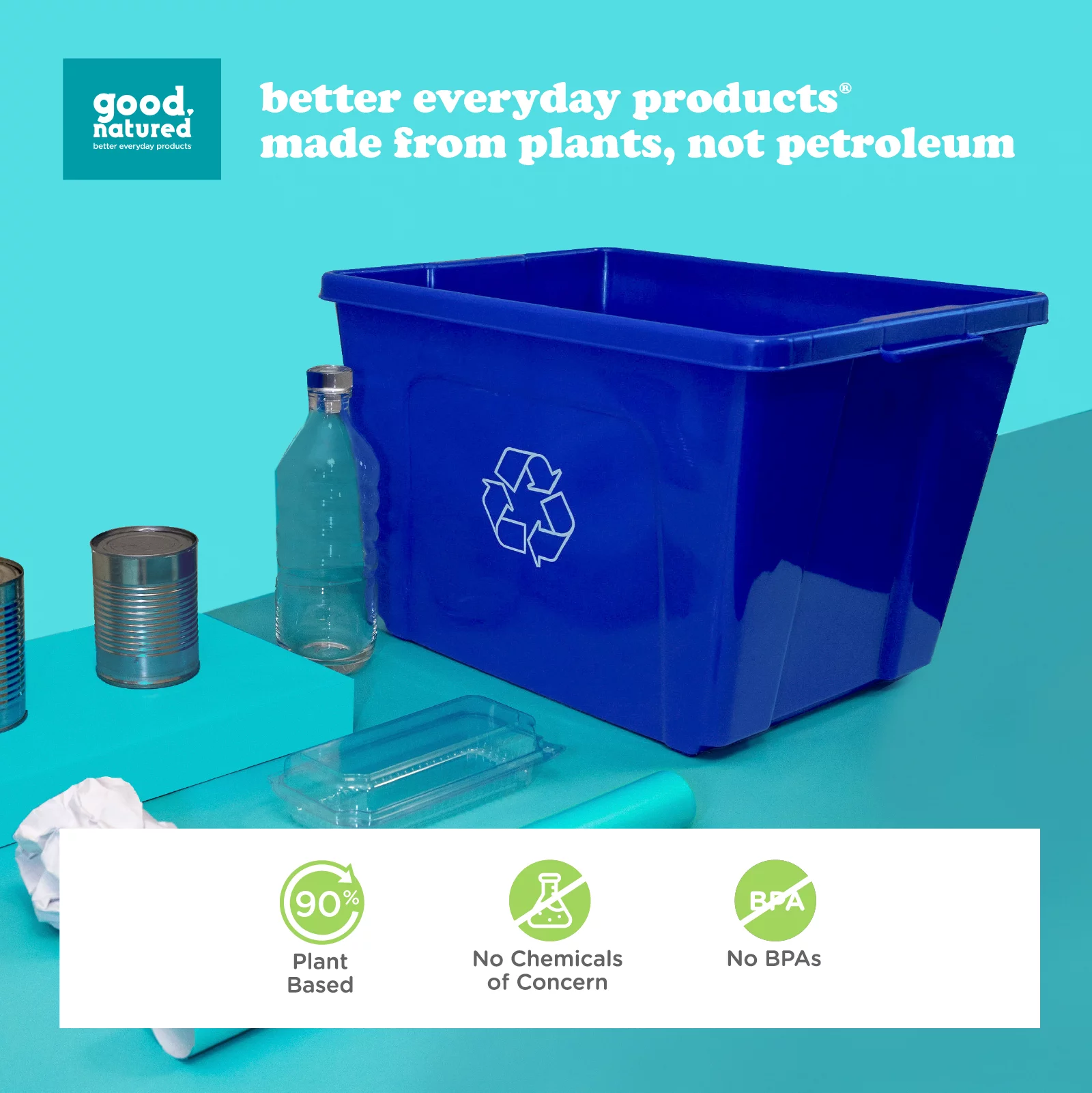 good natured Curbside Recycler, 14 Gallon / 53 Liter – Recycling Bin for Curbside Recycling - Plant Based, BPA-Free Recycling Bin with Recycling Logo, Blue