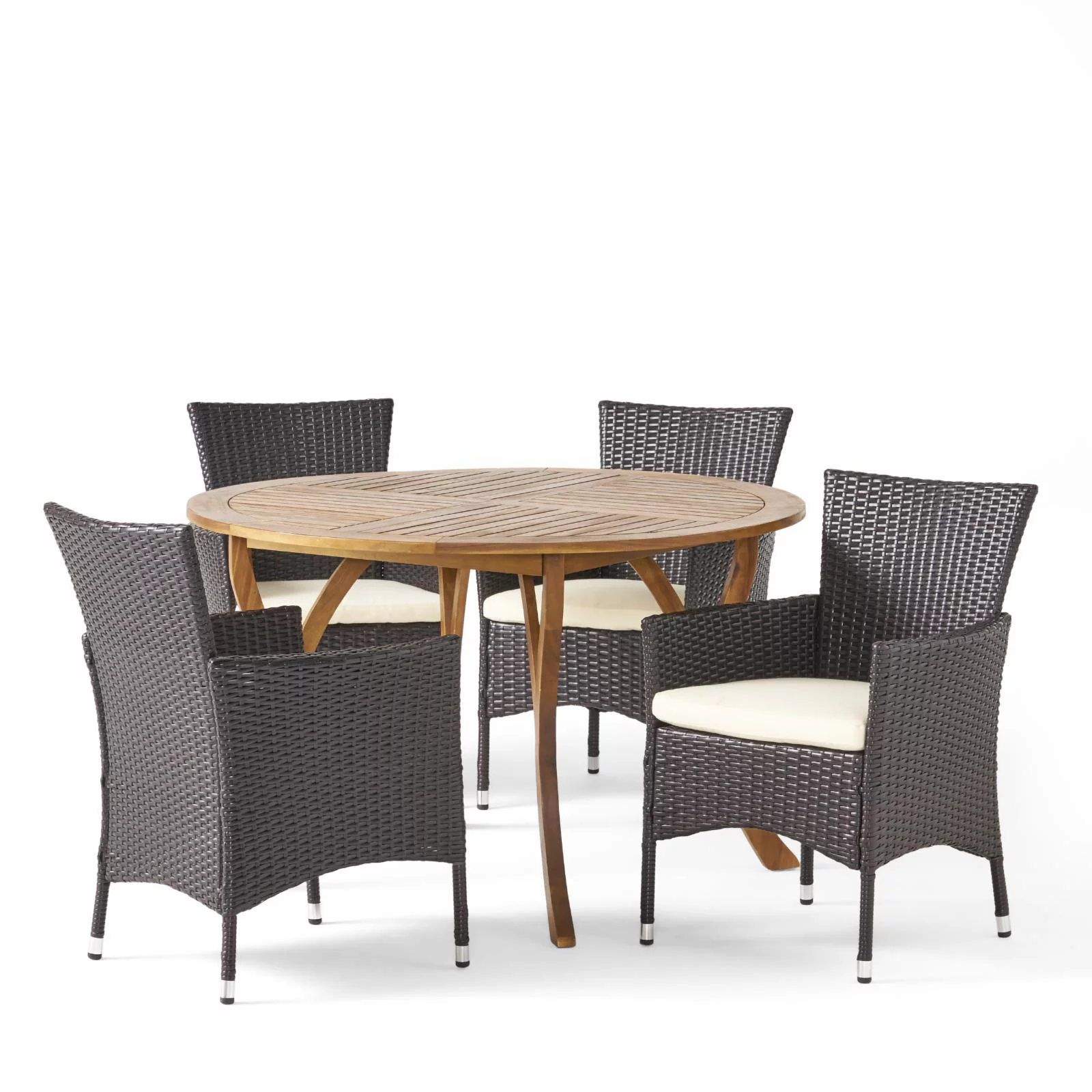 Owenn Outdoor Acacia Wood and Wicker 5 Piece Dining Set with Cushion - Teak - Multibrown - and Beige