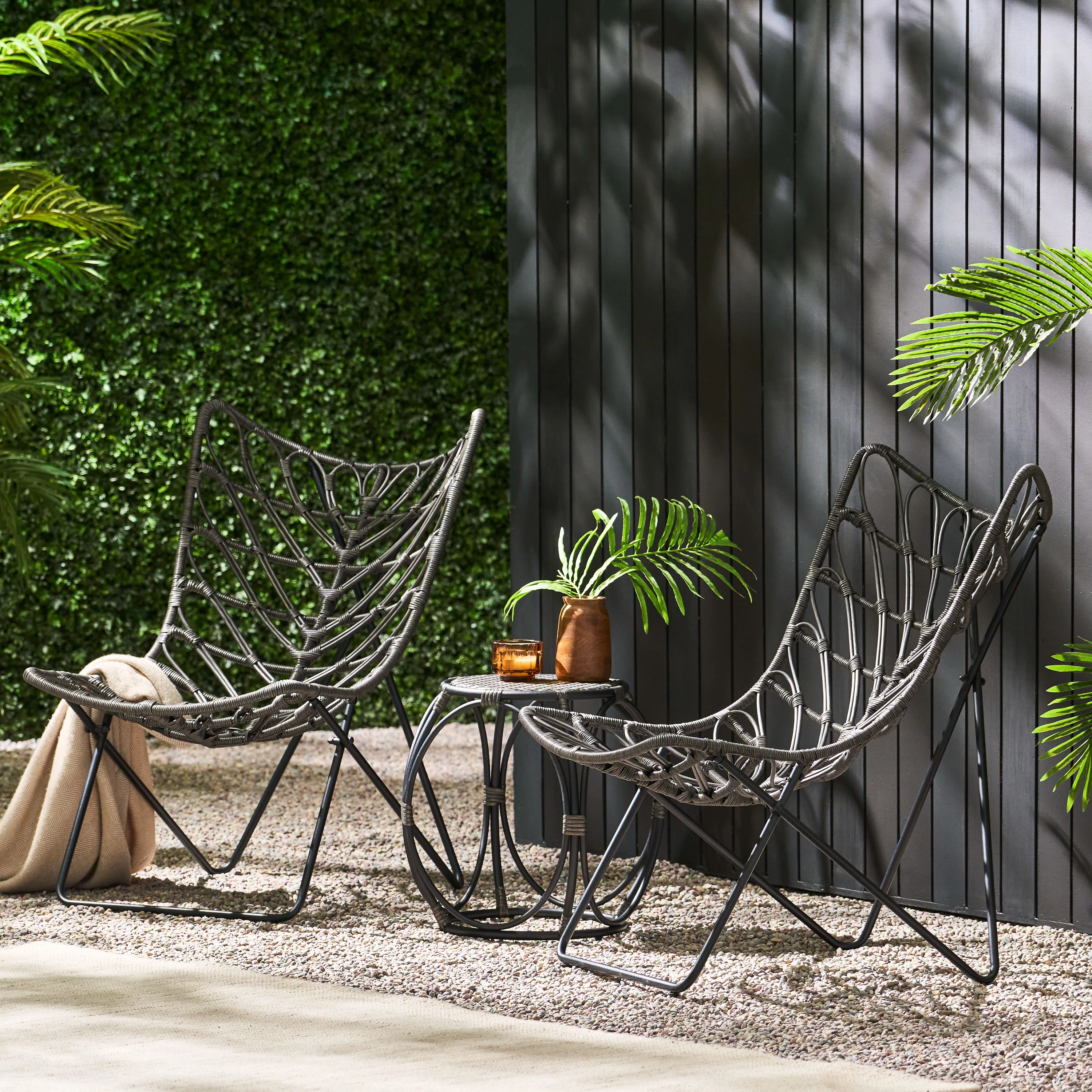 GDF Studio Danbury Outdoor Boho Modern Wicker 3 Piece Chat Set, Gray and Black