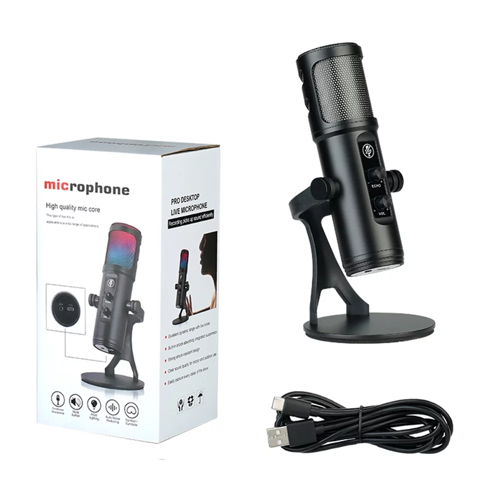 Suzicca USB Condenser Microphone Cardioid Mic with  Colorful Lights One-Button Mute Headphone Real-time  with Desktop Mic Stand for Smartphone Laptop PC Live Streaming Video Conference