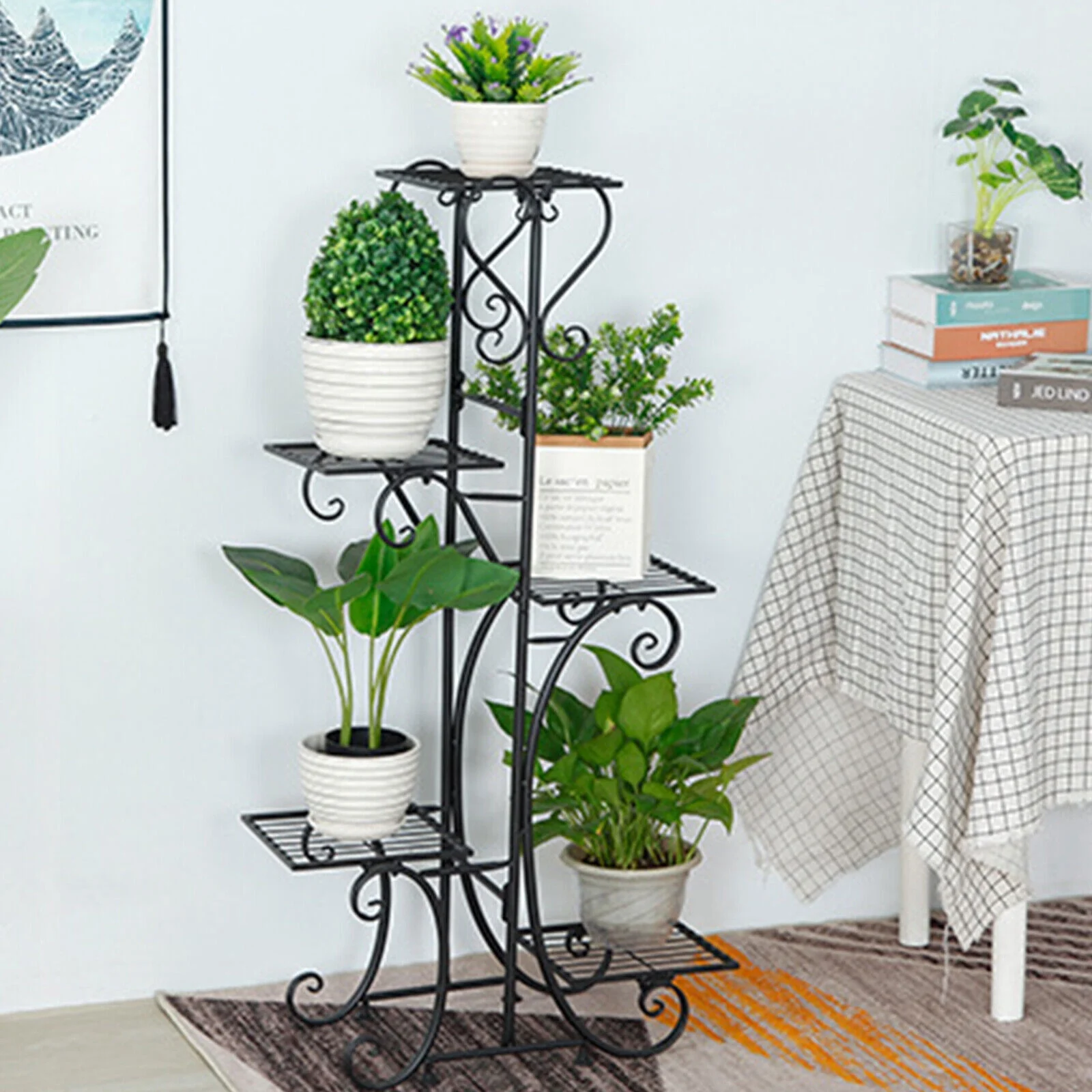 5 Tier Metal Plant Stand Indoor Outdoor, Upgraded Tall Iron Spiral Corner Plant Shelf- Tiered Storage Flower Pot Holder Display Organizer for Balconies, Living Rooms, Courtyards, Gardens, Black