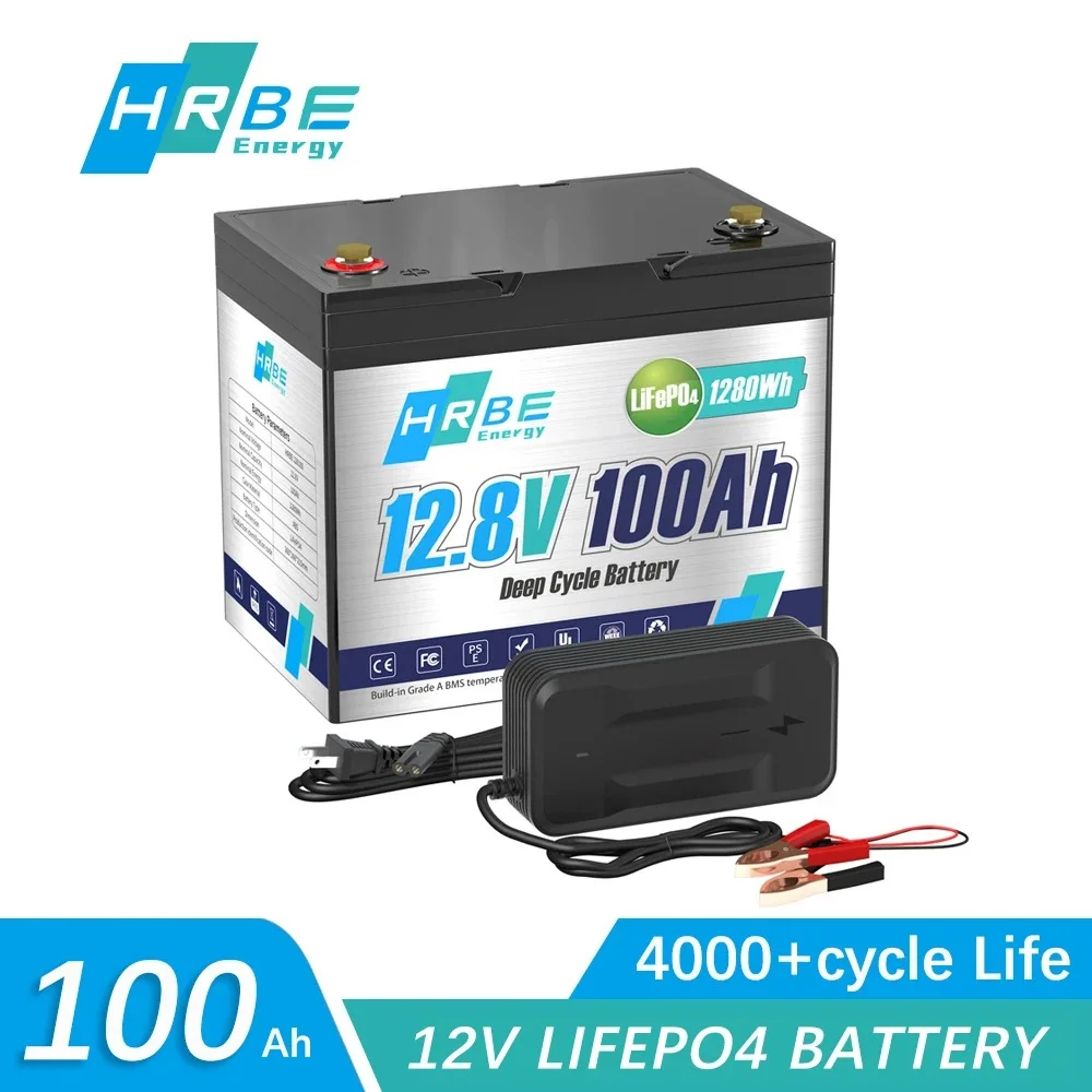 Mini LiFePO4 Battery 12V 100Ah, 15000+ Deep Cycle Lithium RV Batteries for Home Marine Camper RV Golf Cart, HRBEENERGY 4S4P 100A BMS Emergency Battery