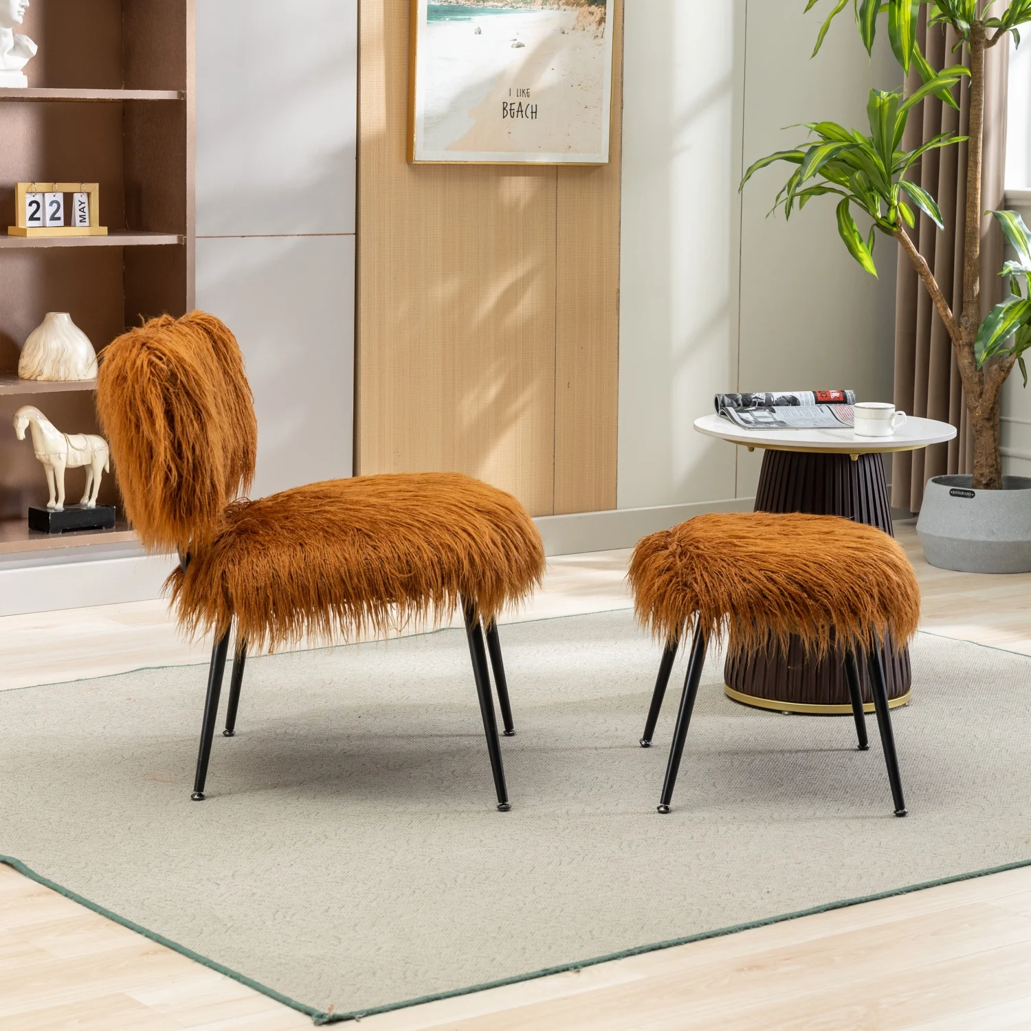 25.2‘‘ Wide Faux Fur Plush Accent Chair With Ottoman  Living Room Chair With Footrest  Fluffy Upholstered Armless Chair And Stool  Comfy Mid Century Modern Chair for Living Room  Bedroom