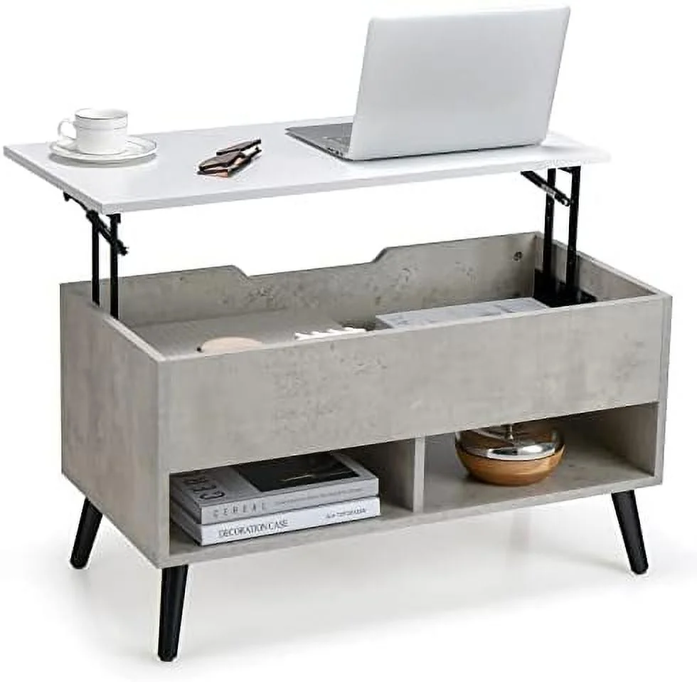 TJUNBOLIFE Lift Top Coffee Table  Modern Cocktail Table with Hidden Compartment & 2 Open Shelves  Flip Top Center Table  Wooden Pull up Coffee Table for Living Room  Reception Room  O