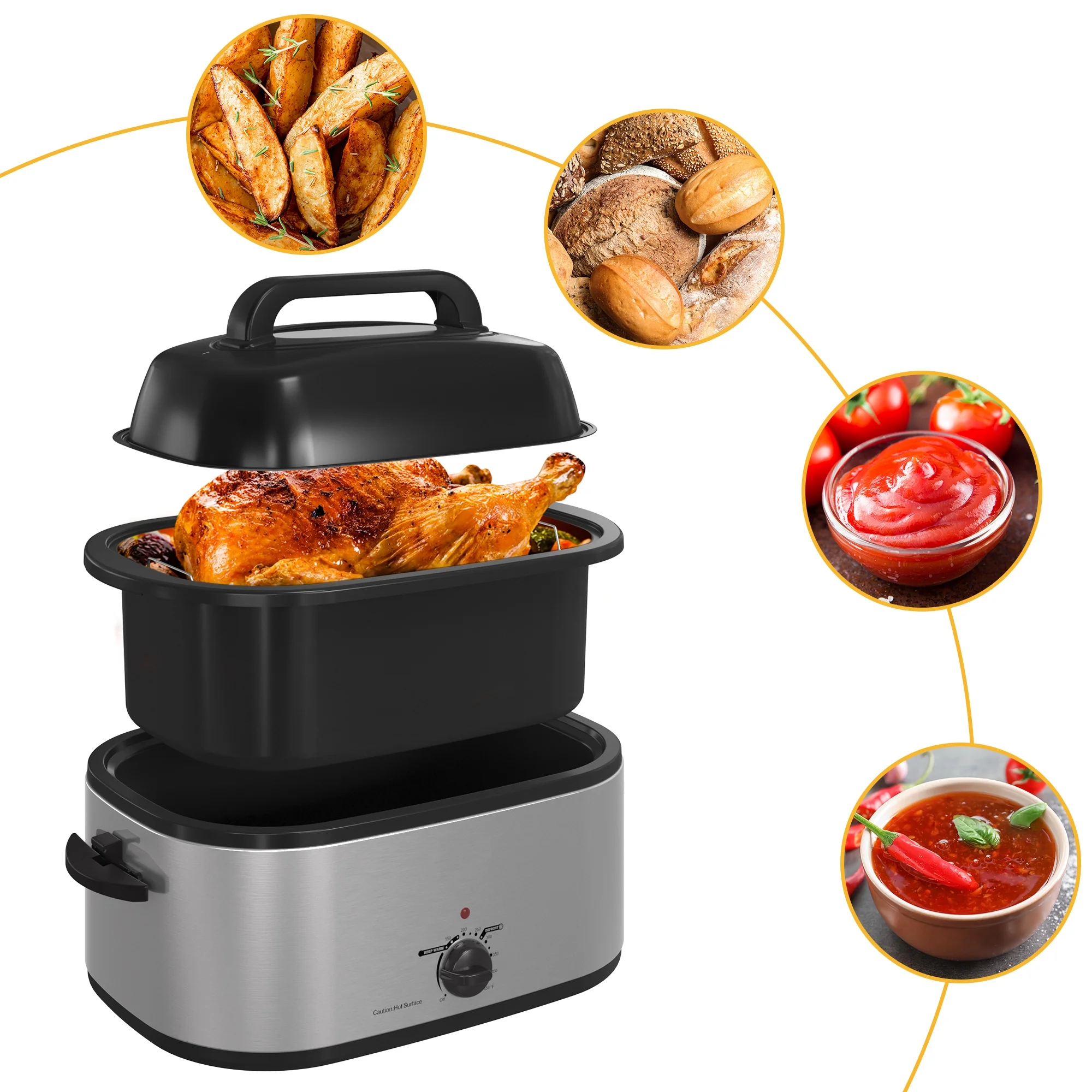 SUNVIVI 26 Quart Electric Turkey Roaster Oven with Visible Glass Lid, with Removable Pan & Rack, Stainless Steel,Silver