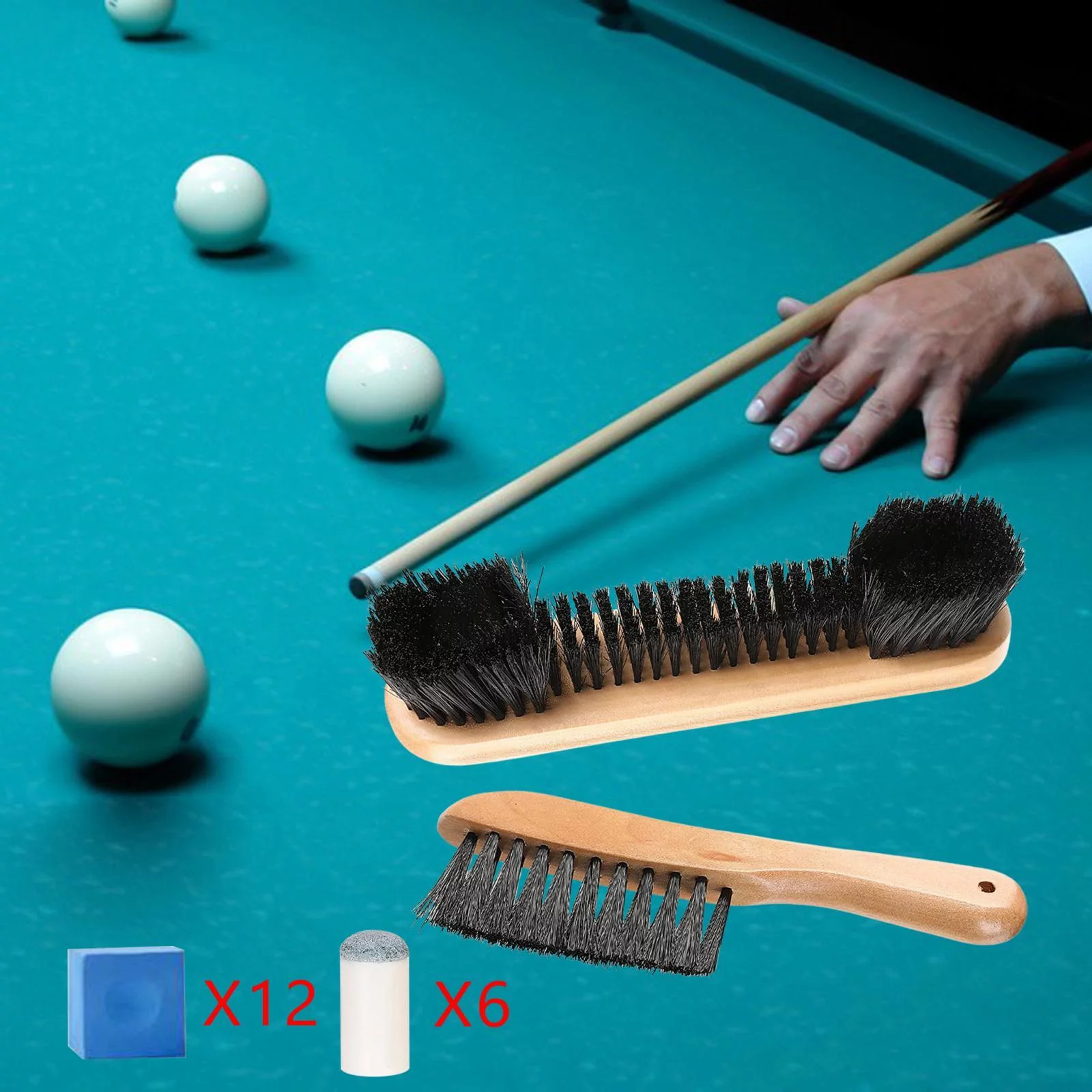 Wooden Cleaning Brush Set Slip on Pool Cue Tip Bristles Billiard Table Brush Wood Color