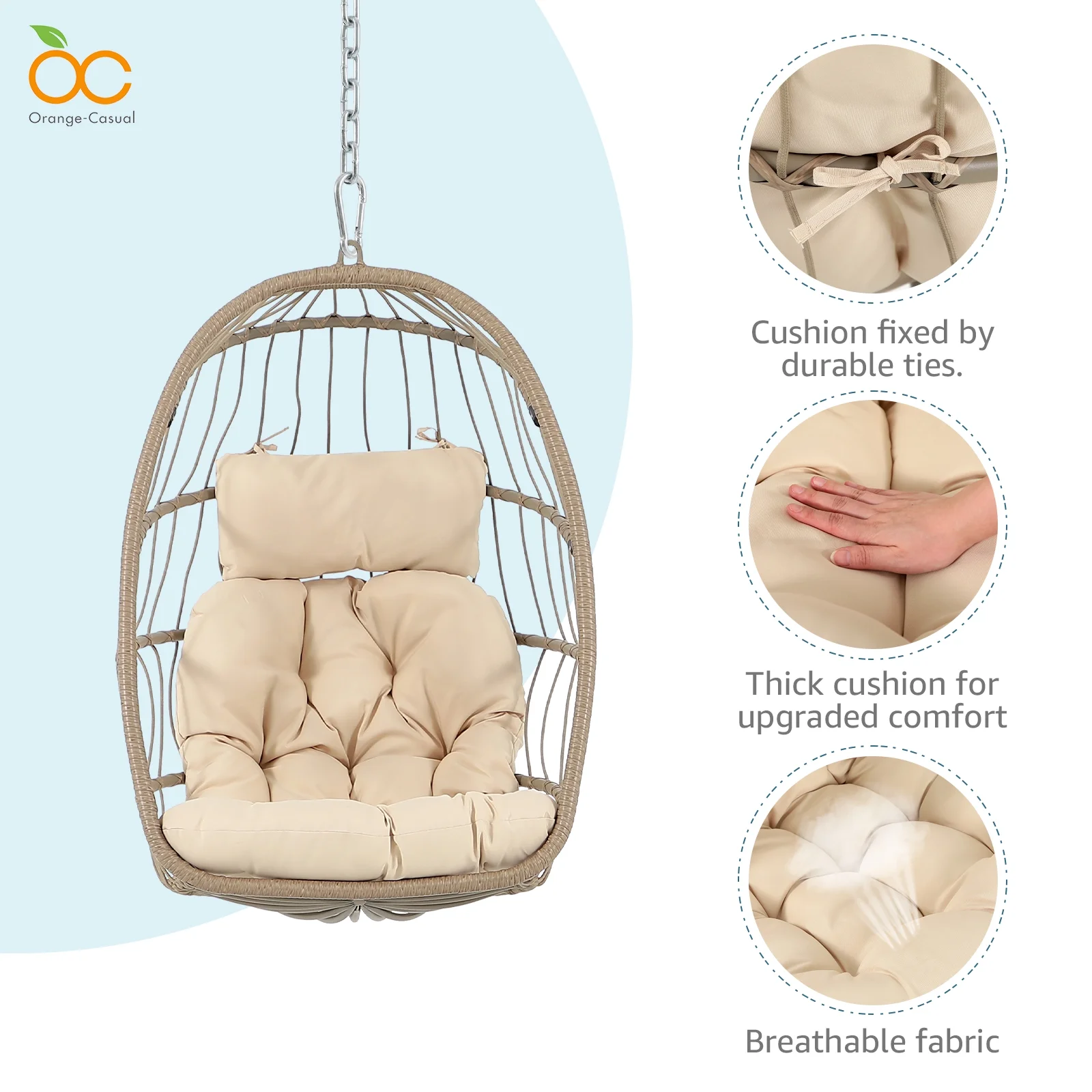 OC Orange-Casual Swing Egg Chair witouth Stand, Patio Wicker Hanging Swing Chair, Indoor & Outdoor,All Weather Wicker Foldable Hammock Chair, Beige