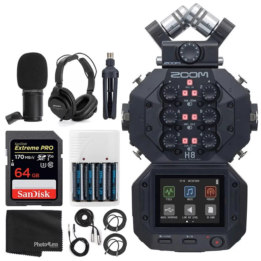 Zoom H8 8-Input / 12-Track Portable Handy Recorder For Podcasting, Music, Field Recording + Zoom ZDM-1 Podcast Mic + Headphones + Windscreen + Tabletop Stand + 64GB Extreme PRO Card - Ultimate Bundle