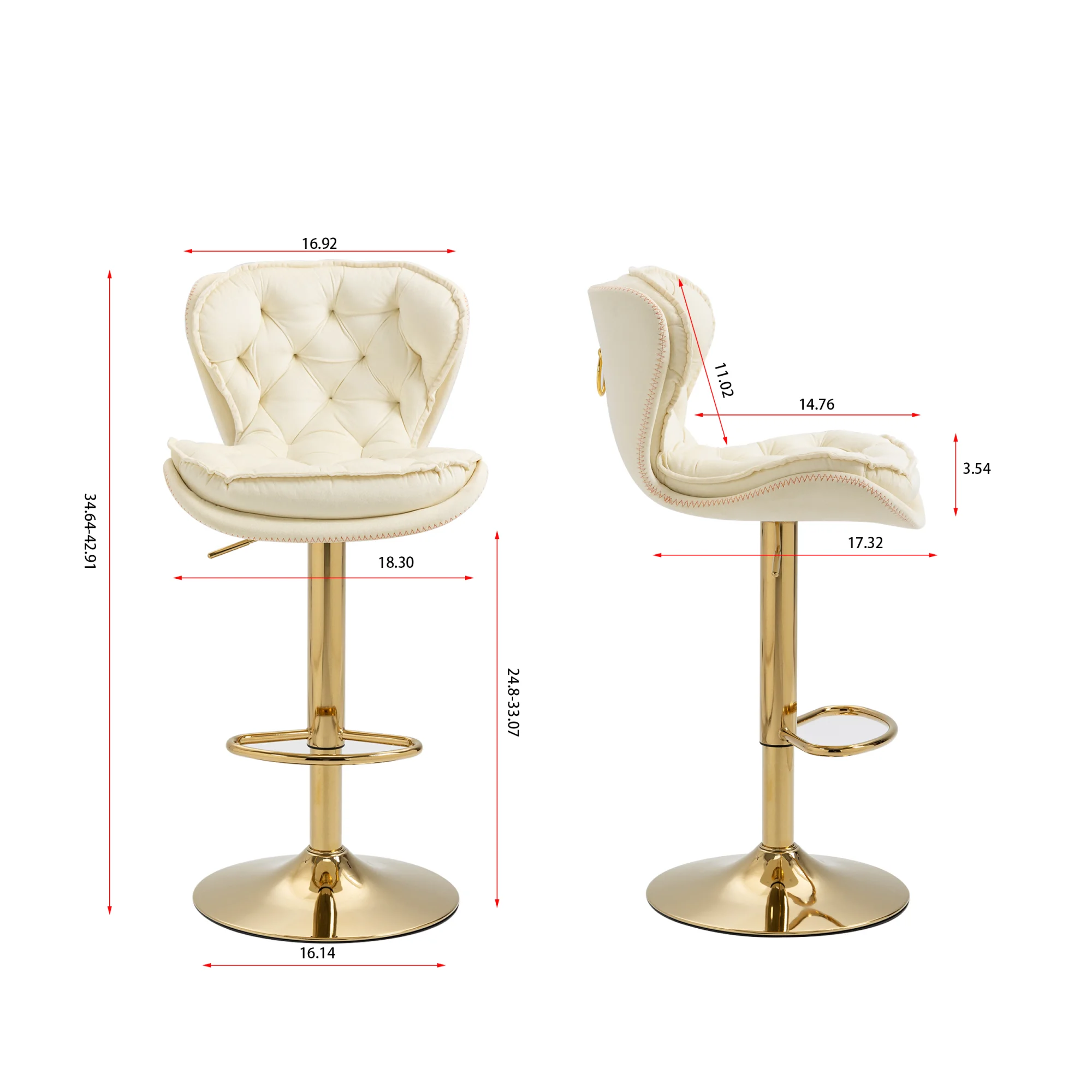 24-33 Inch Velvet Swivel Bar Stools with Back, Velvet Upholstered Adjustable Bar Height Barstool Stools Island Chairs with Gold Metal Base Bar, Bar Counter, Dining Room, Coffee(Cream,Set of 4)
