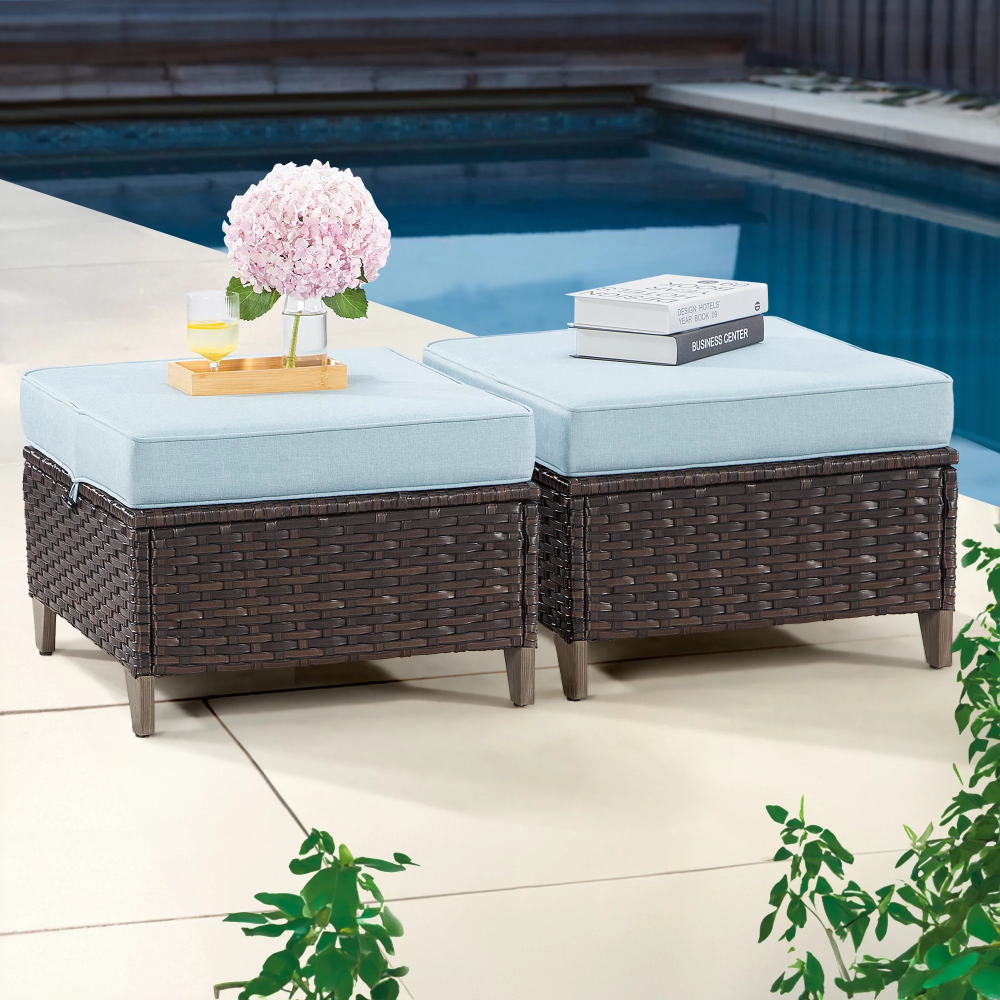 Meetleisure Set of 2 Patio Rattan Ottoman Footrest Garden Outdoor with Cushions, Sky Blue