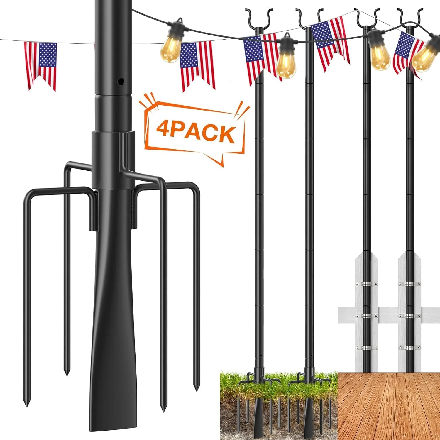 HAOFEI 4 Pack String Light Poles Pro, Aluminum Waterproof Harder 9FT Light Poles for Outside String Lights with Hooks for Hanging, Patio, Garden, Deck, Backyard - Classic Black