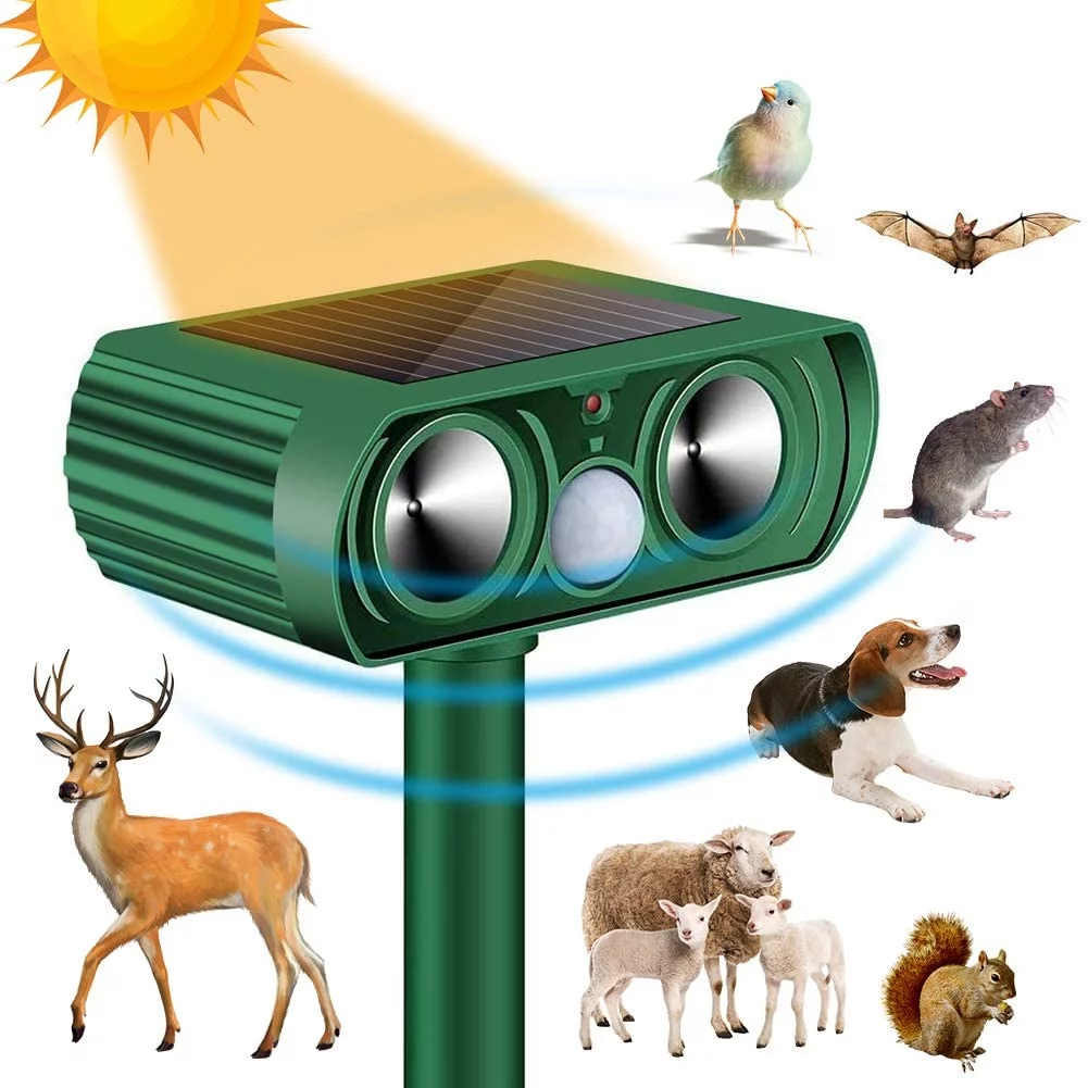 Ultrasonic Animal Repeller,Outdoor Weatherproof Solar Powered Rodent Repeller with Motion Activated Flashing LED Light,Repel Dogs,Cat,Squirrels,Raccoon,Rabbit,Fox & More