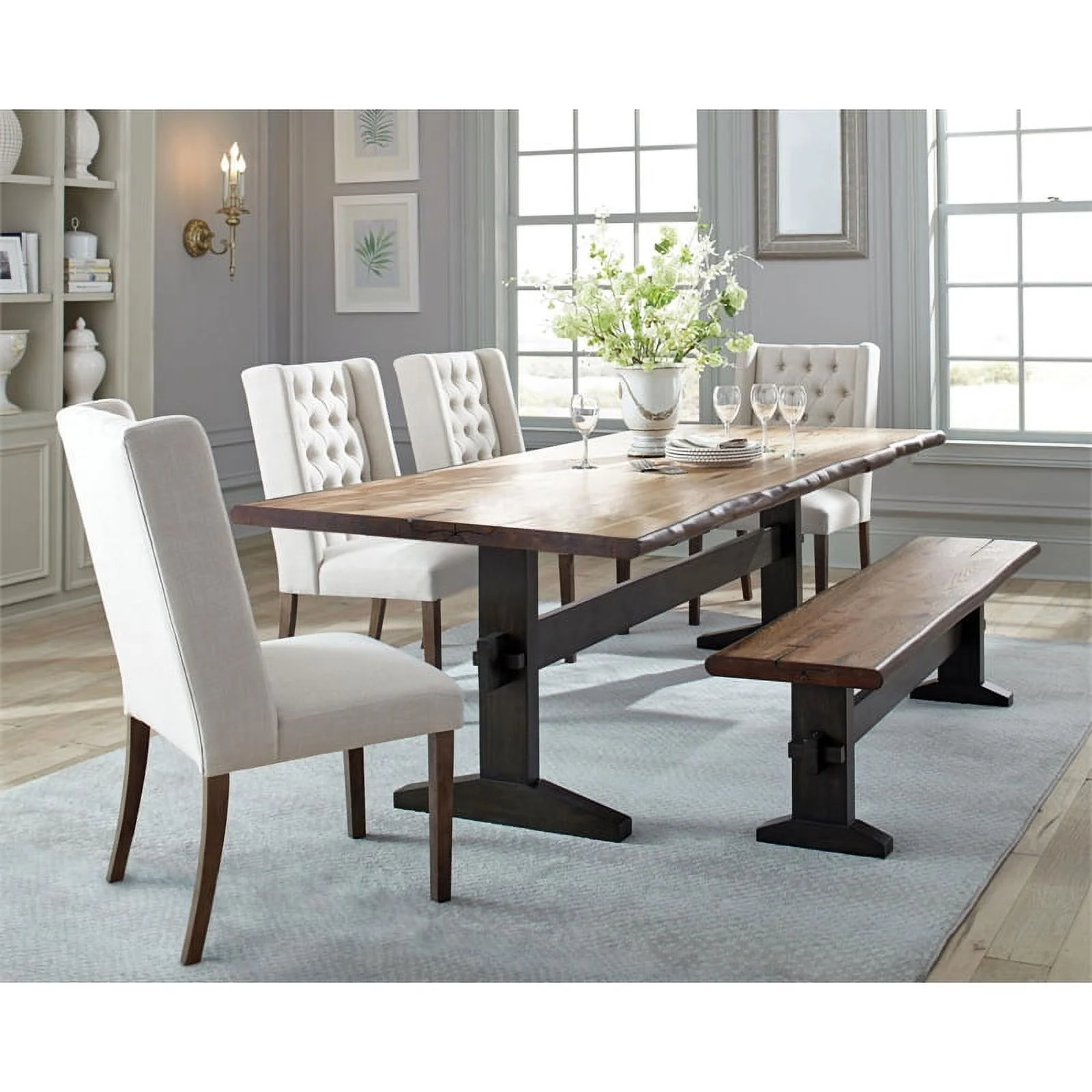 Pemberly Row Wood Live Edge Trestle Dining Table in Natural Honey and Espresso