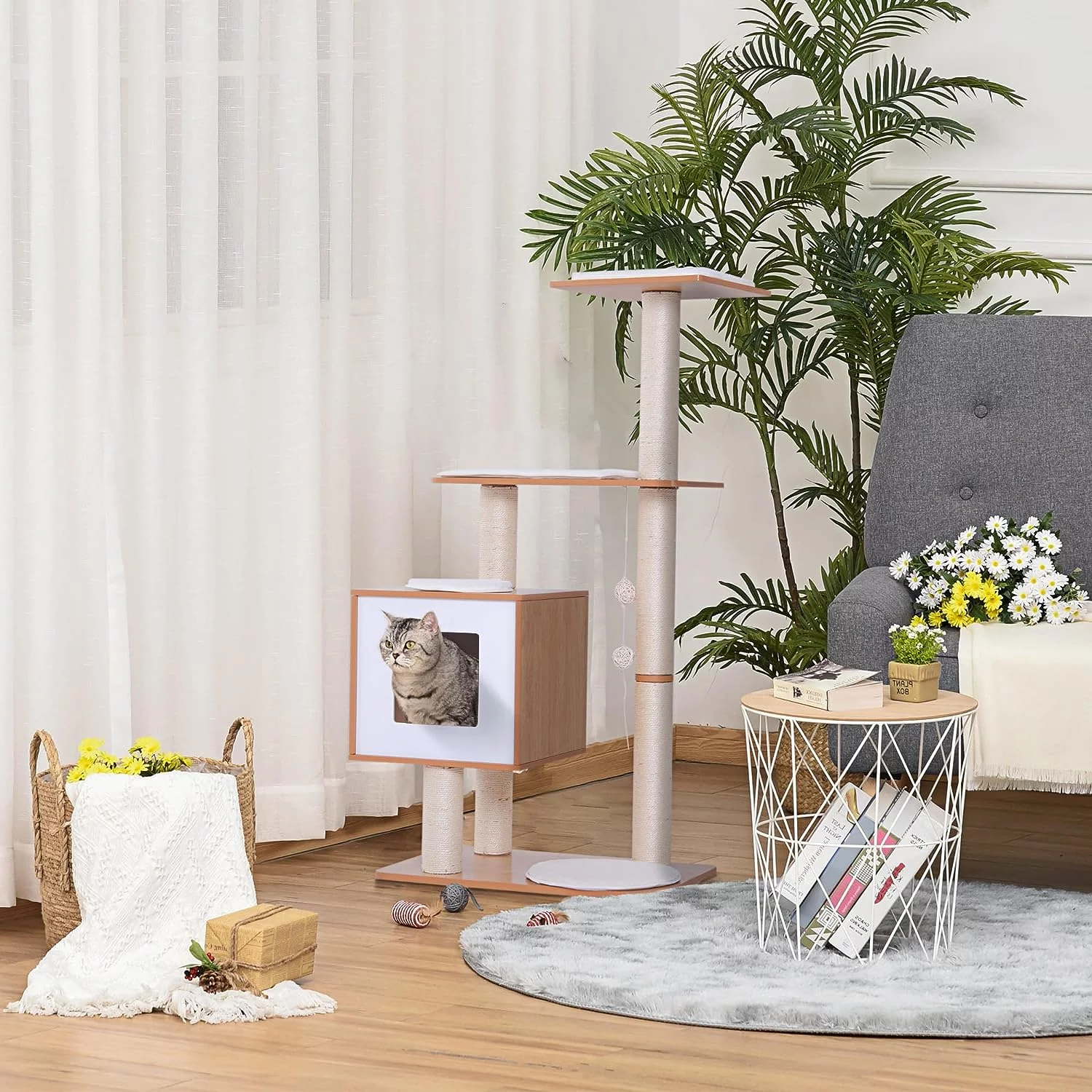 PawHut 47” Modern Cat Tree Multi-Level Scratching Post with Cube Cave Enclosure - Oak Wood and White