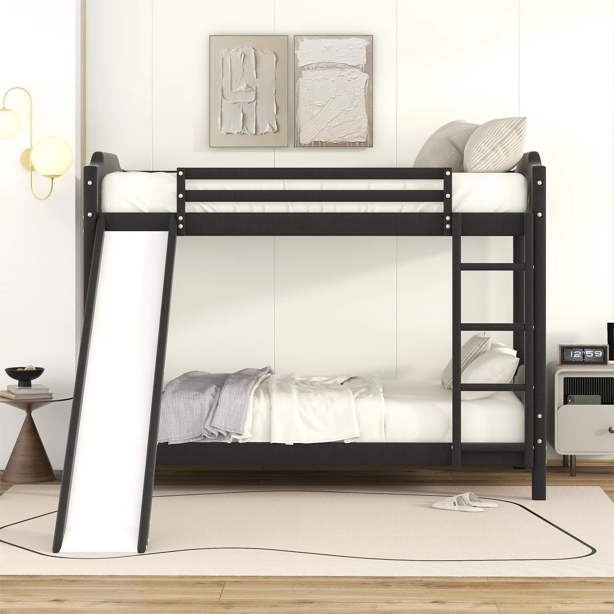 Upholstery Twin over Twin Bunk Bed with Slide for Kids, Black