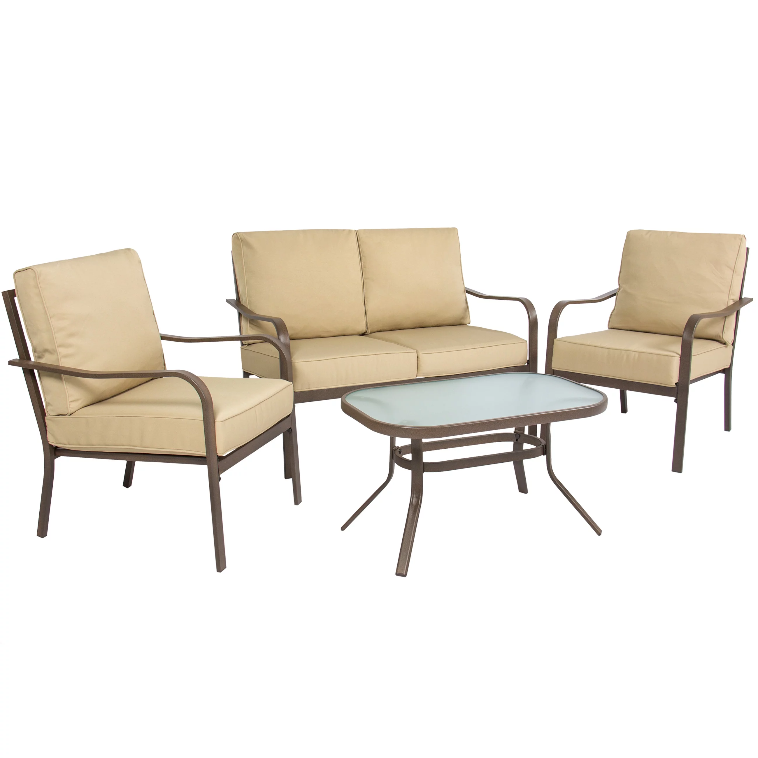 Best Choice Products 4-Piece Cushioned Patio Furniture Conversation Set w/ Loveseat, 2 Chairs, Coffee Table - Beige