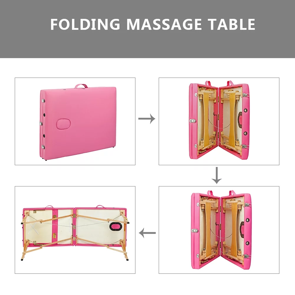 Lowestbest Professional Massage Bed, Folding Massage Table, Portable Massage Table, Wide Height Adjustable 3 Folding Spa Bed, Pink